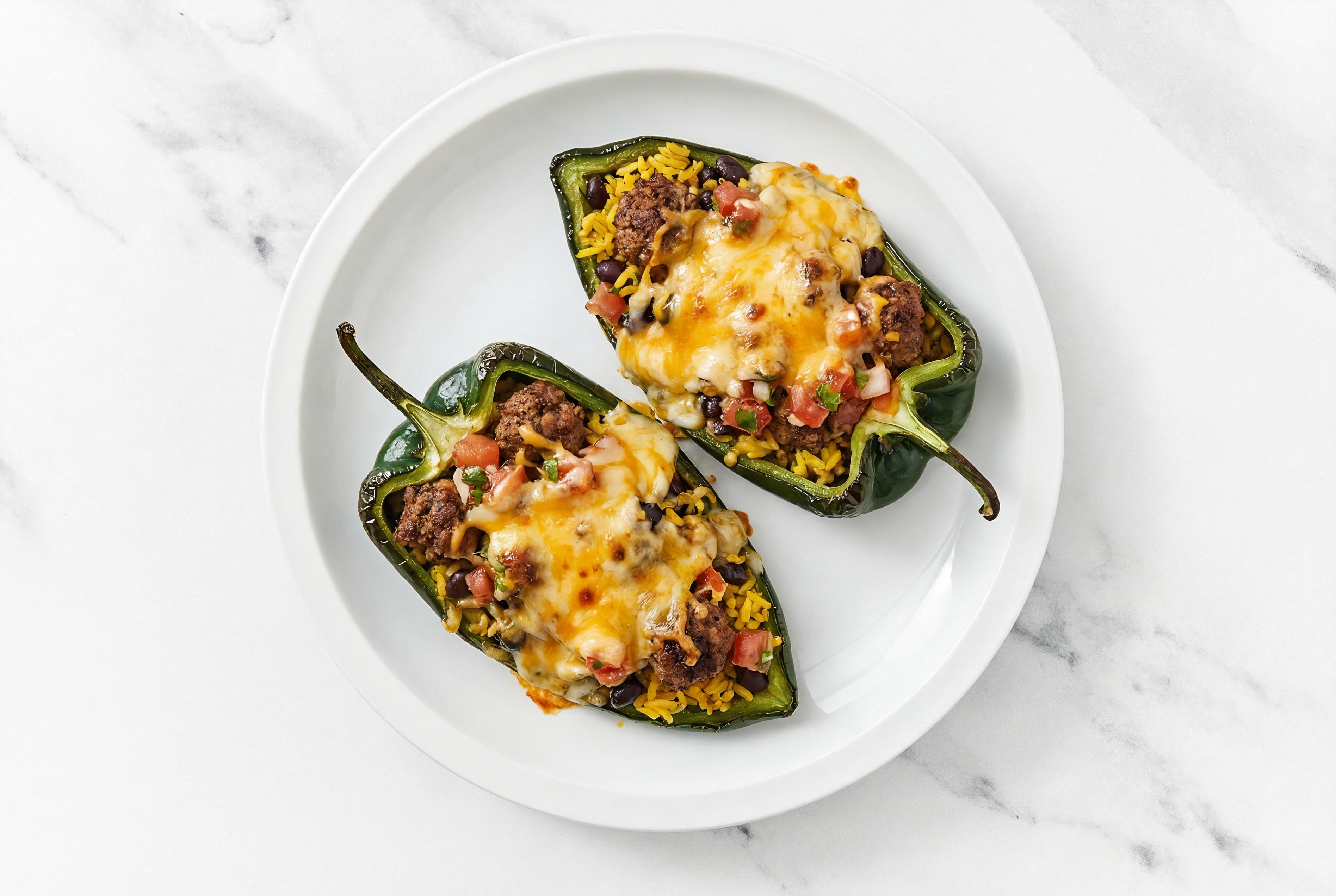 Cheesy Meatball Stuffed Poblano Peppers with Seasoned White Rice + Black Beans