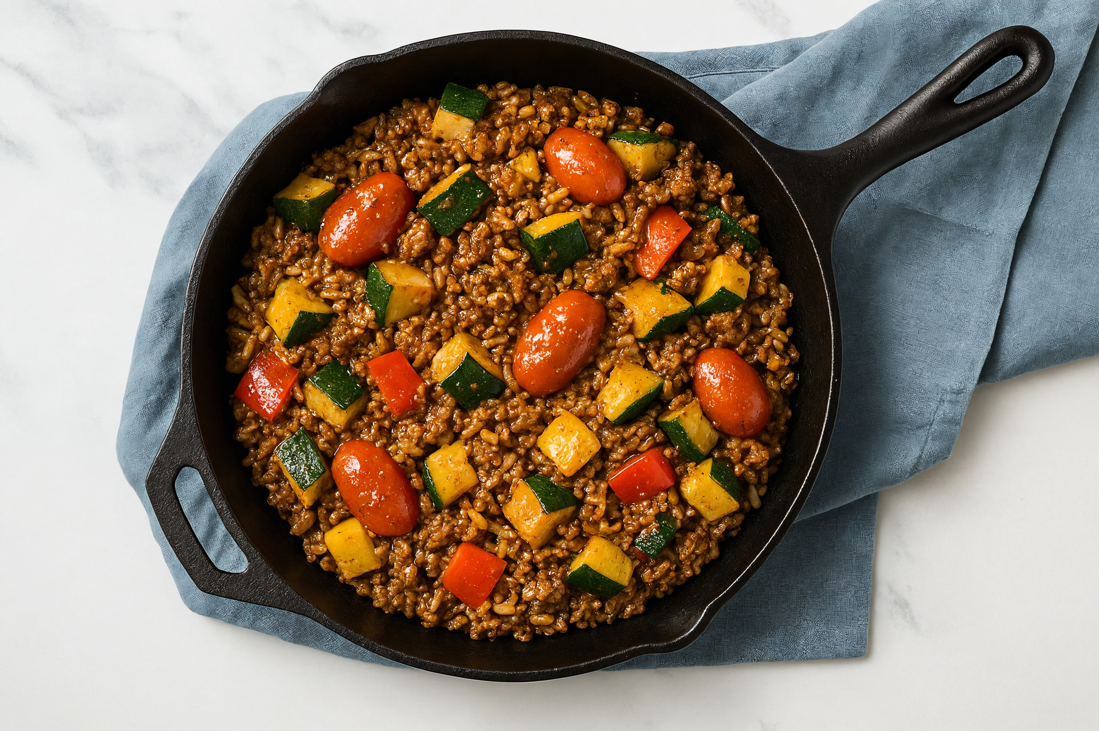 Herby Sesame Ginger Squash + Ground Beef Patties Stir-Fry