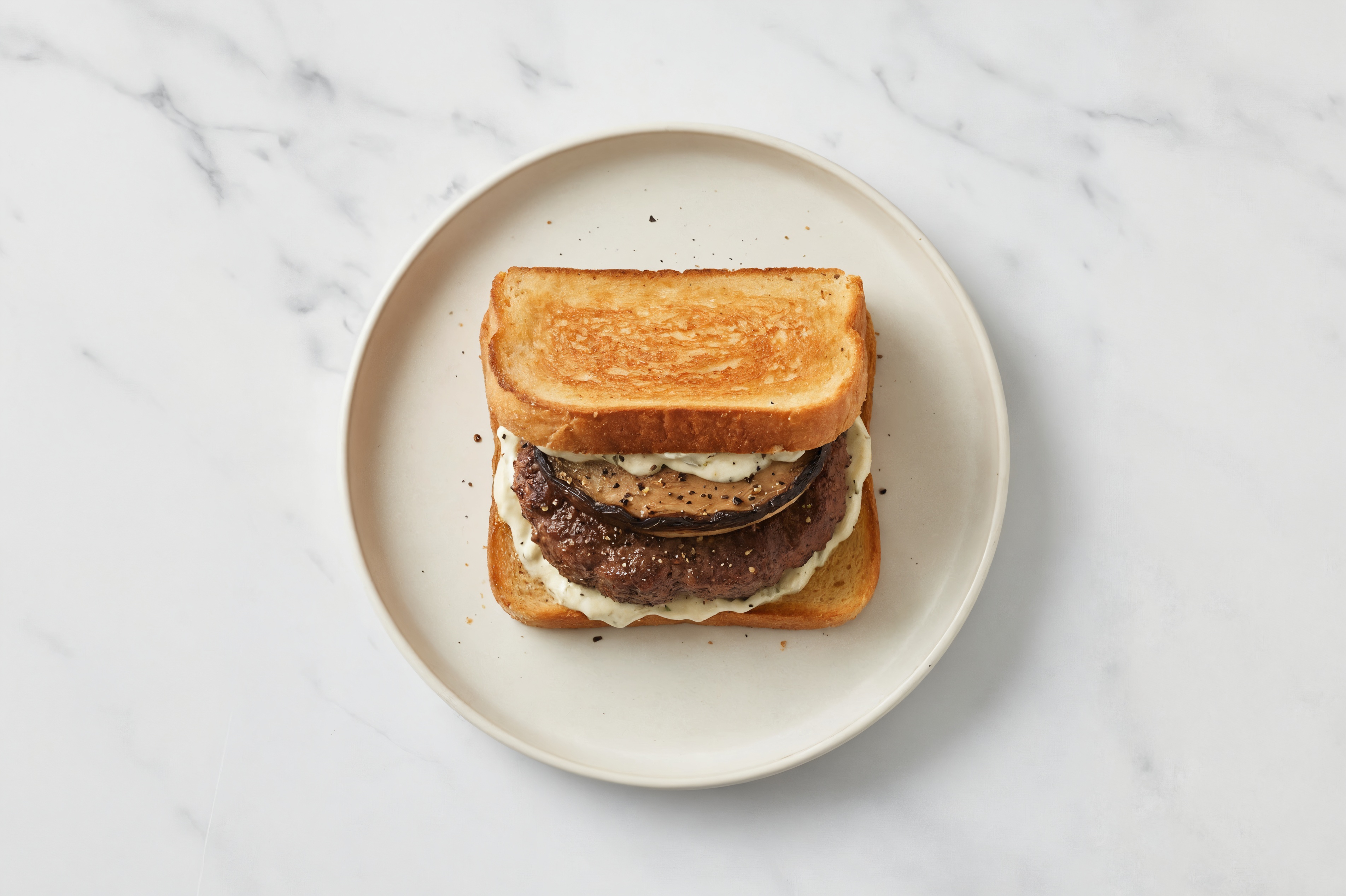 Portabella Beef Burger on GF Bread with Garlic Sauce
