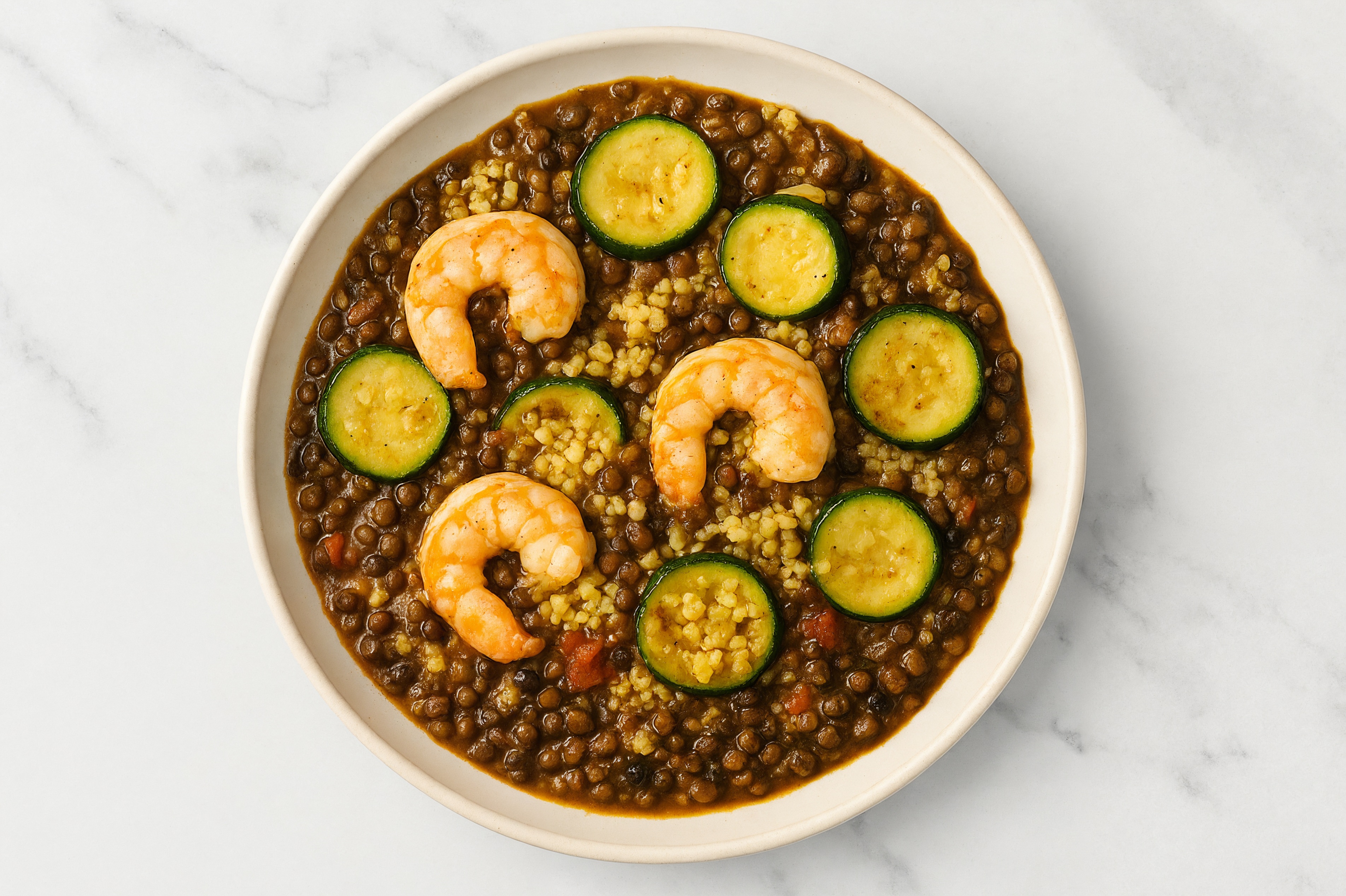 Spiced Jumbo Shrimp + Black Lentil Dal Grain Bowl