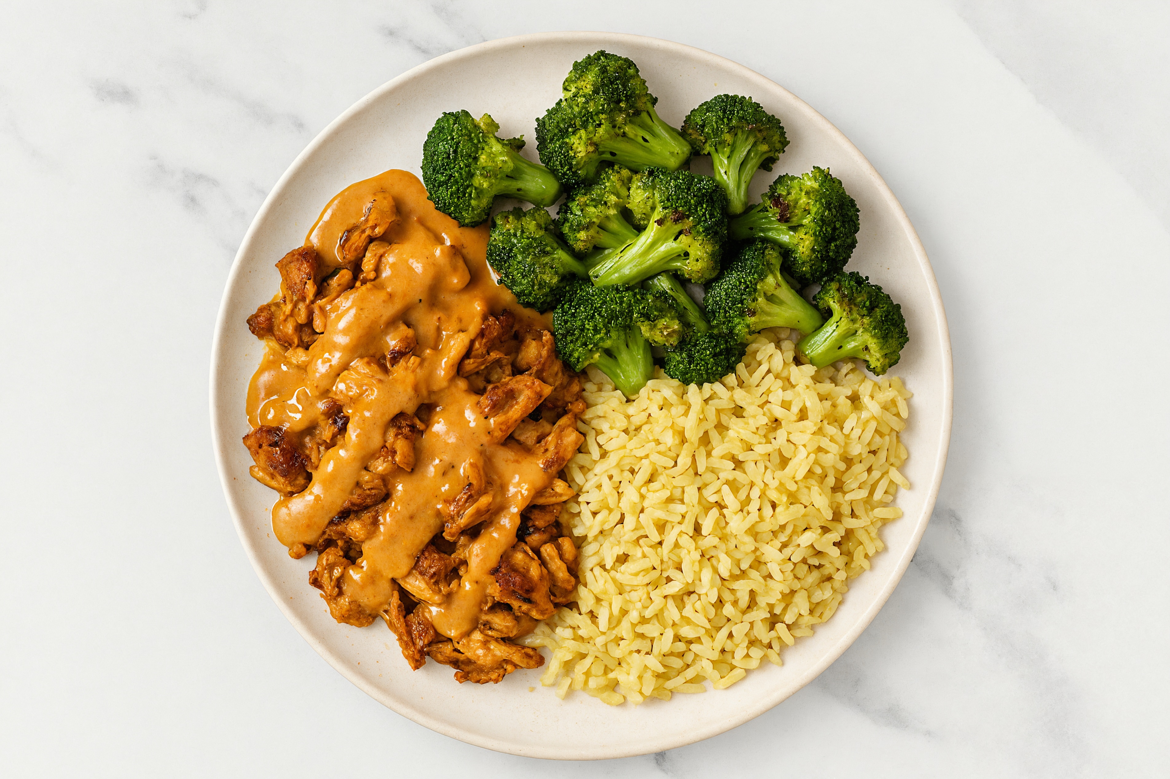 Creamy BBQ Shawarma Chicken Rice Bowl with Broccoli Florets