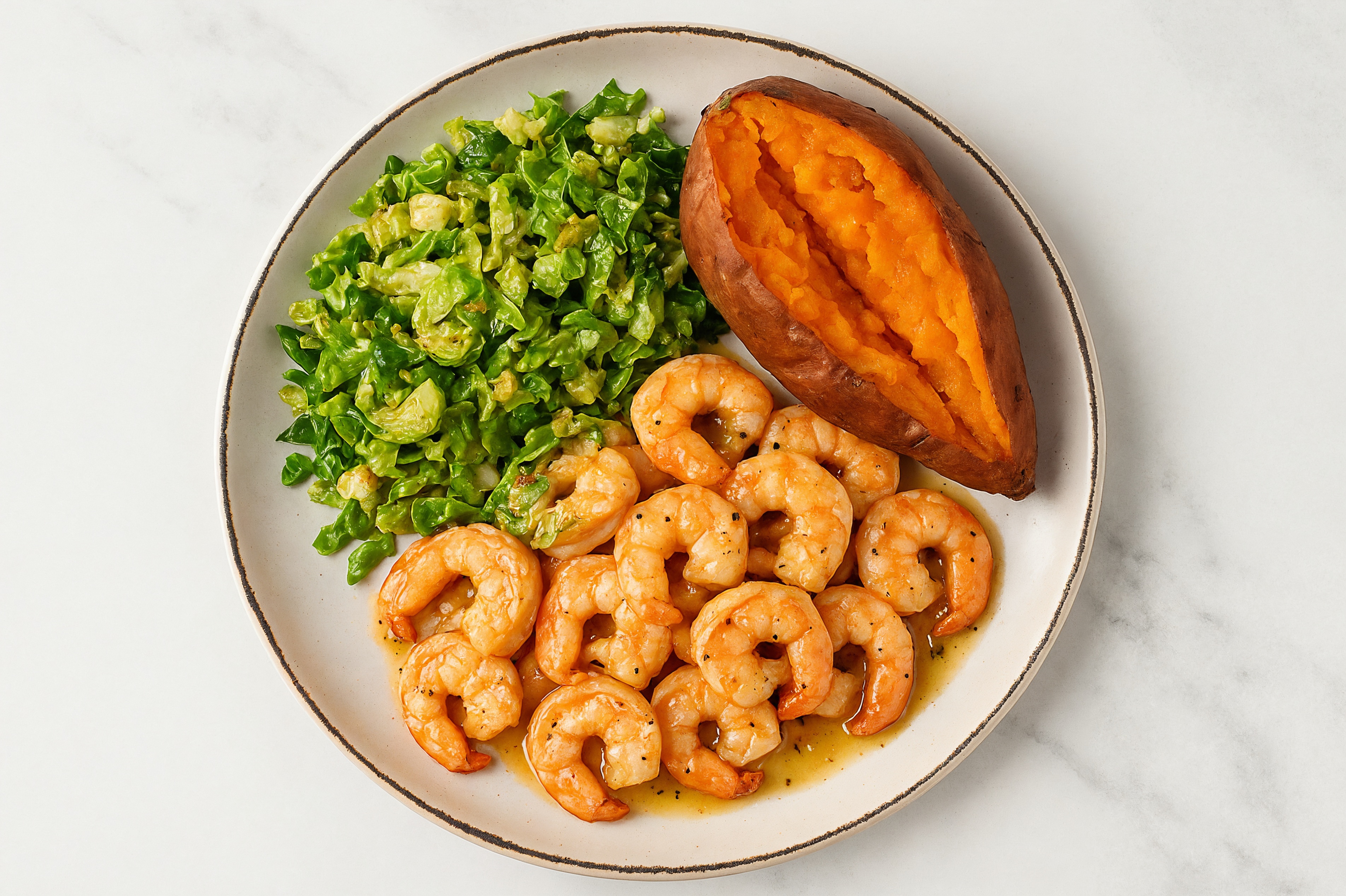 Lemon-Slow Churned & Peppercorn Pasture Butter Shrimp with Sweet Potato & Brussels