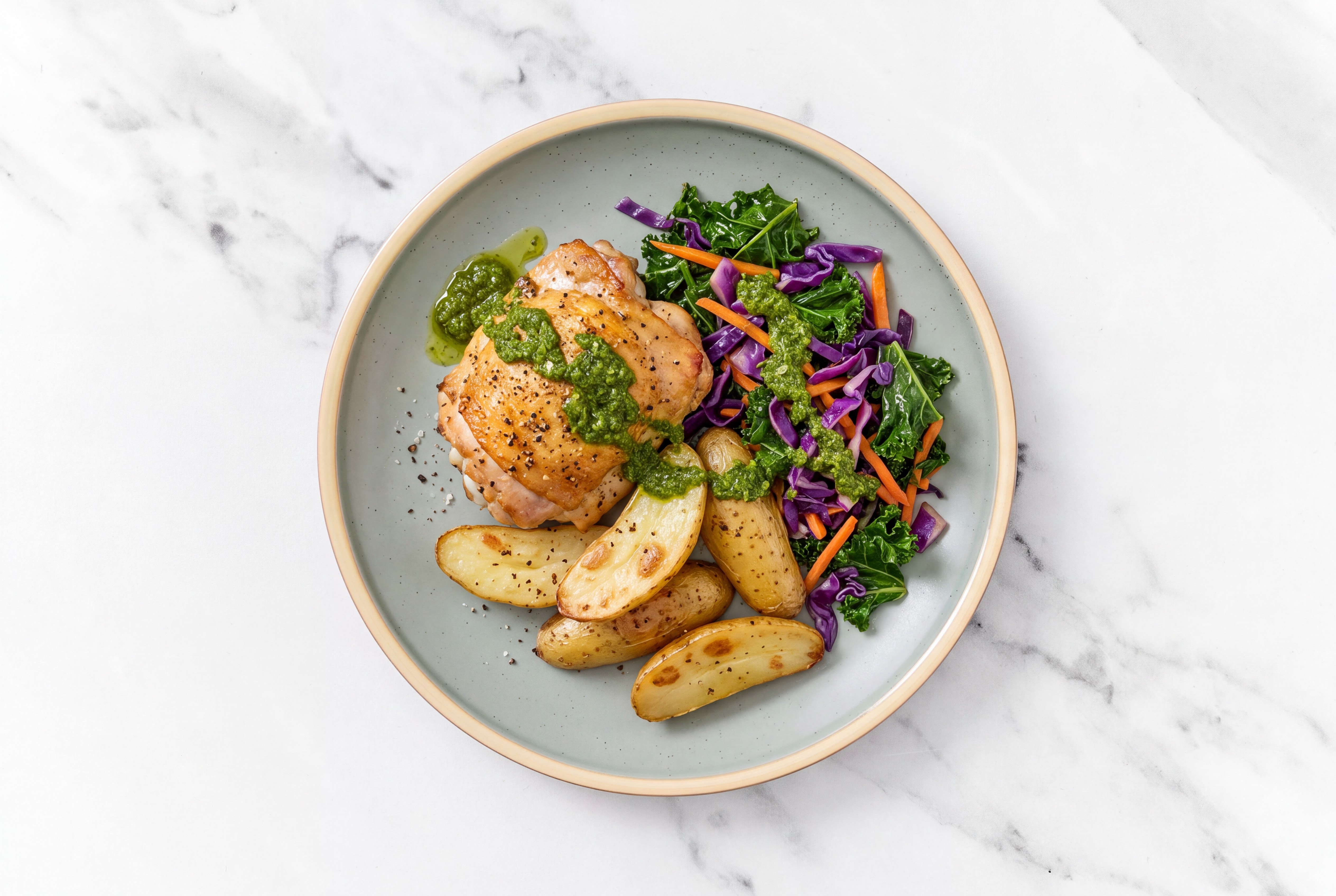 Zhoug Chicken Thighs + Crispy Potatoes