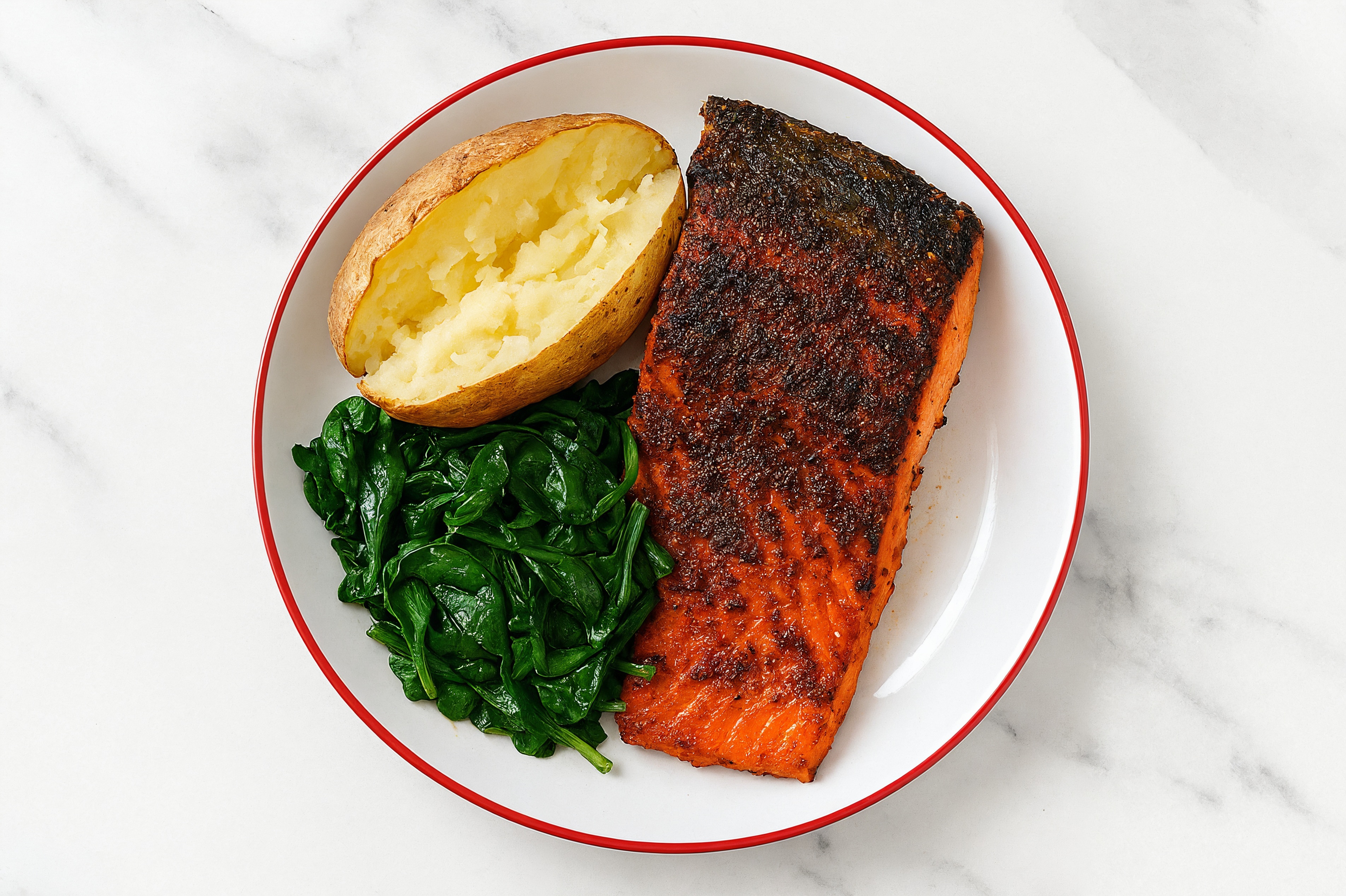 Blackened Wild Salmon, Potato + Baby Spinach