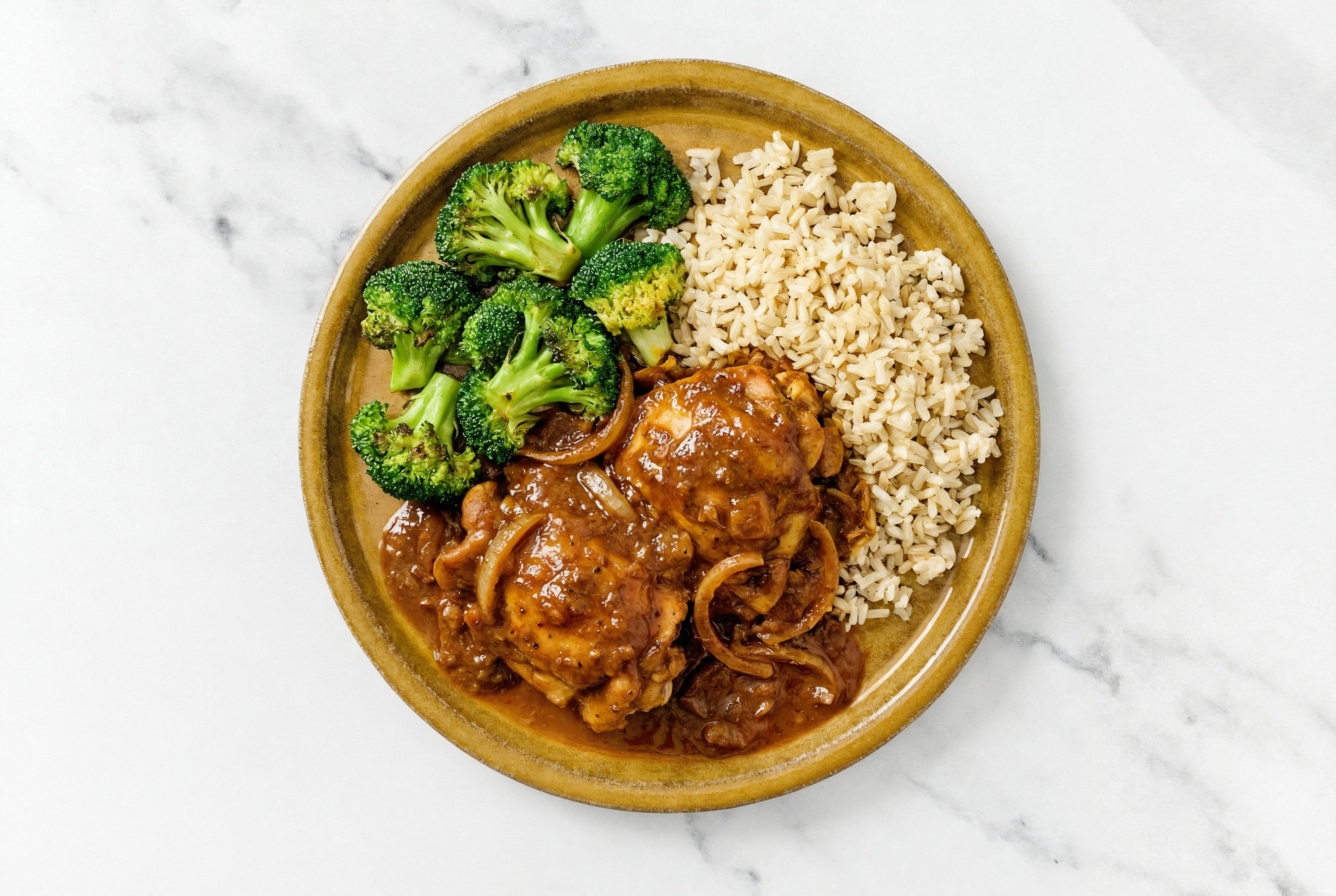 Stove-Top Chicken Vindaloo + Caramelized Onion Rice Pilaf with Broccoli Florets