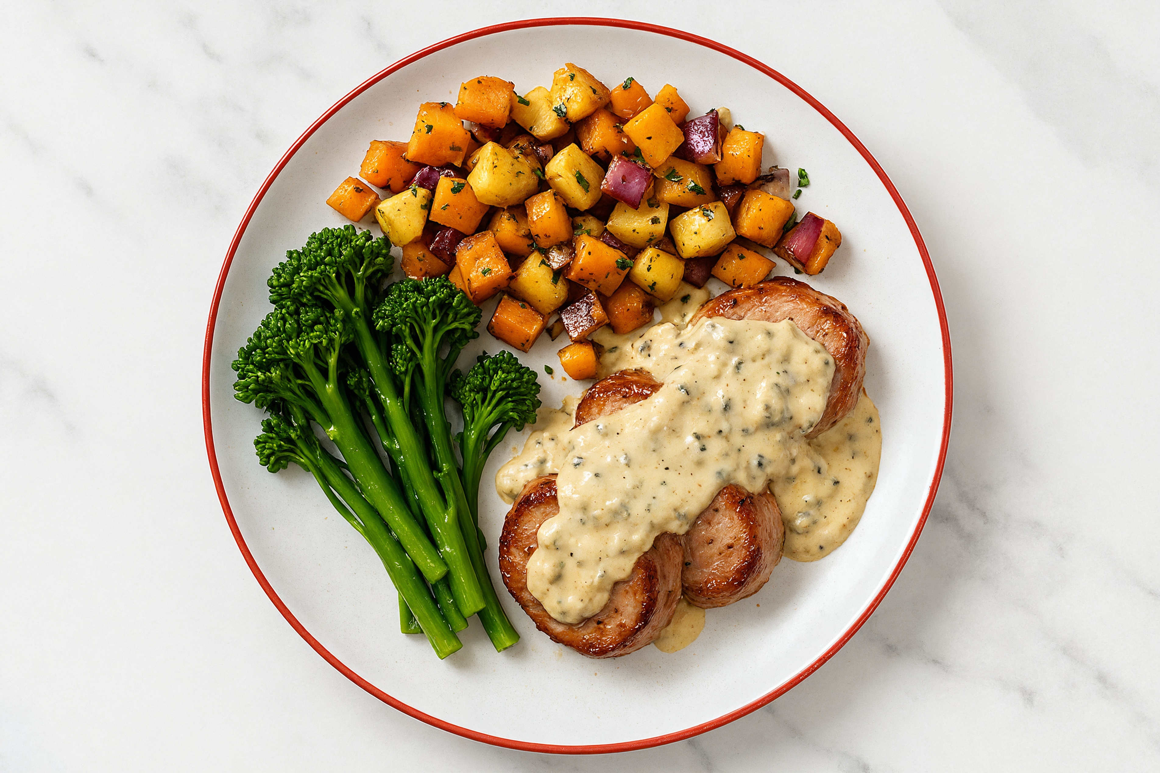 Creamy Truffle Smothered Pork Tenderloin with Baby Broccoli & Roasted Vegetables