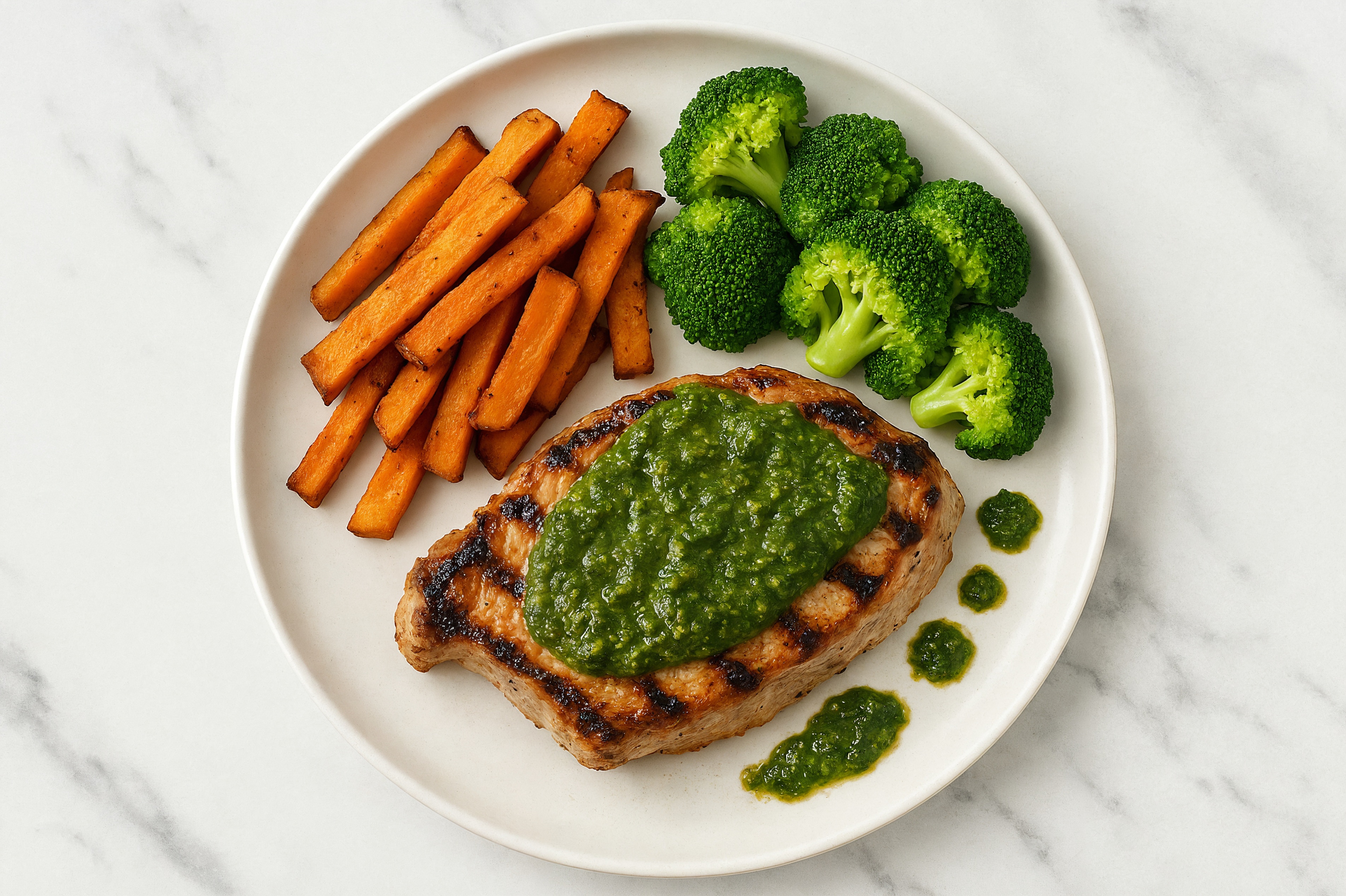 Pesto Grilled Boneless Pork Chops + Sweet Potato