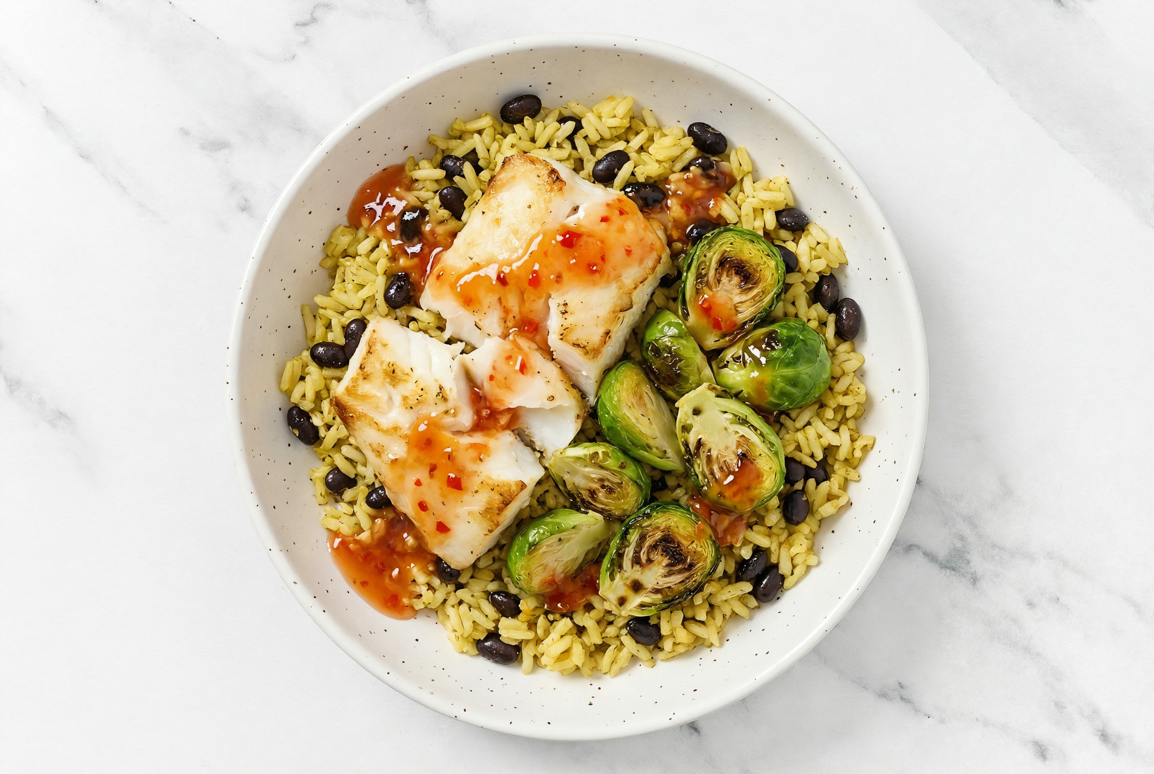 Savory Air Fryer Sweet Chili Halibut + Whole Brussels Sprouts