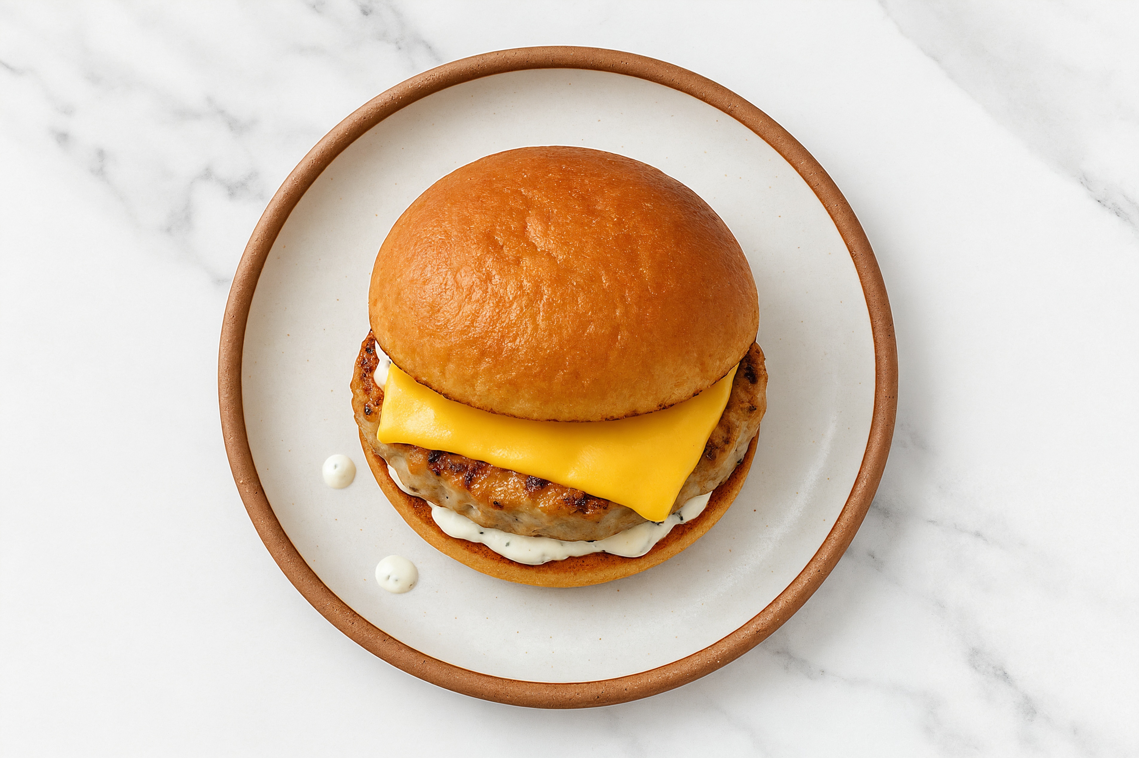 Garlic Chicken Burger on Gluten-Free Bun with Tzatziki & American