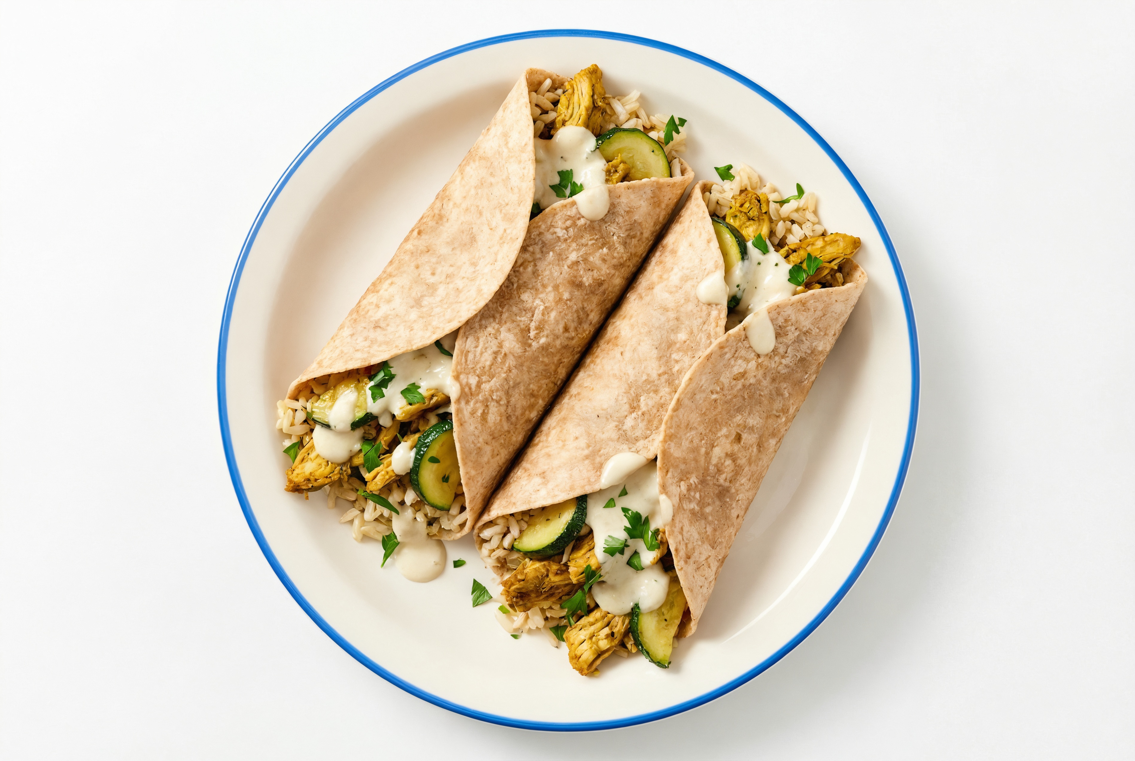 Big Mediterranean Wrap with Shawarma, Garlic Sauce, Brown Rice + Zucchini