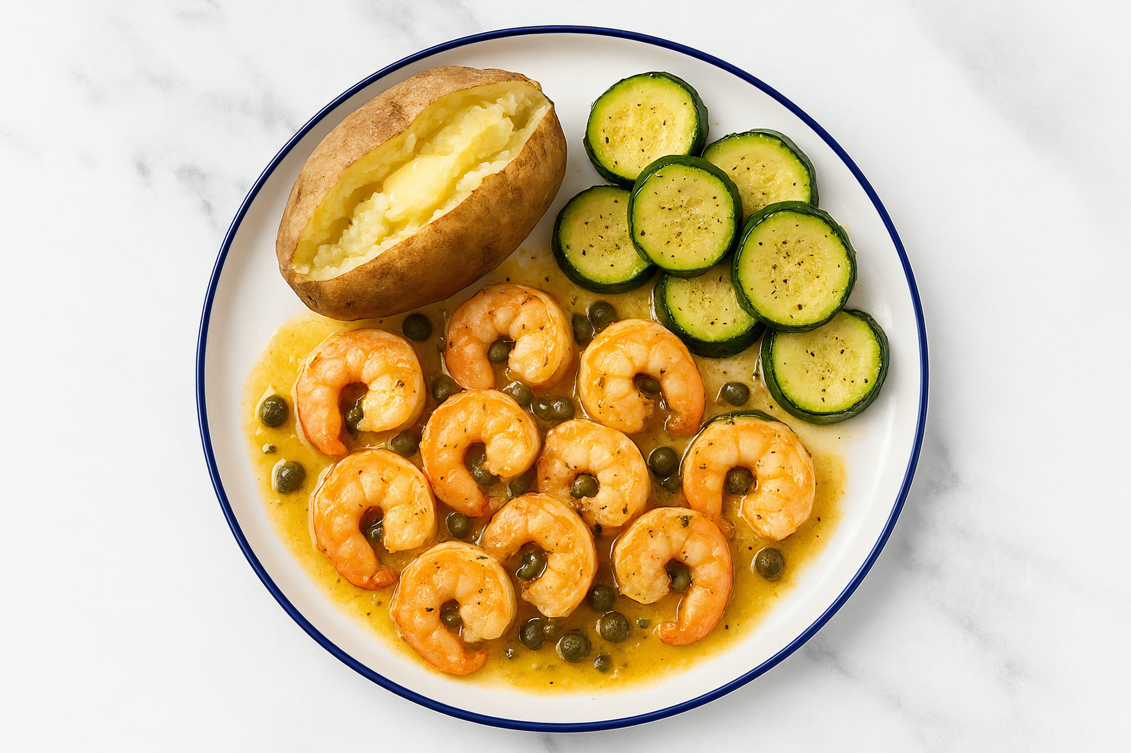 Caper-Slow Churned Pasture Butter Shrimp with Russet Potato & Zucchini