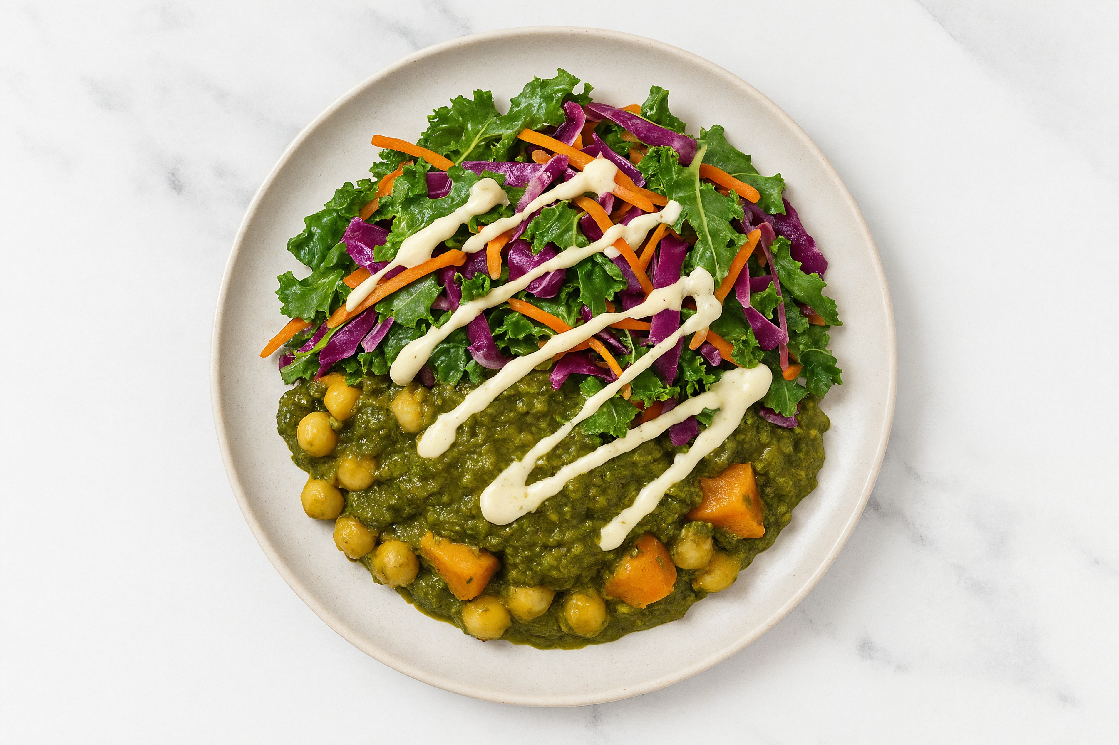 Japanese Sweet Potato Chickpea Saag + Garlic Rainbow Veggies