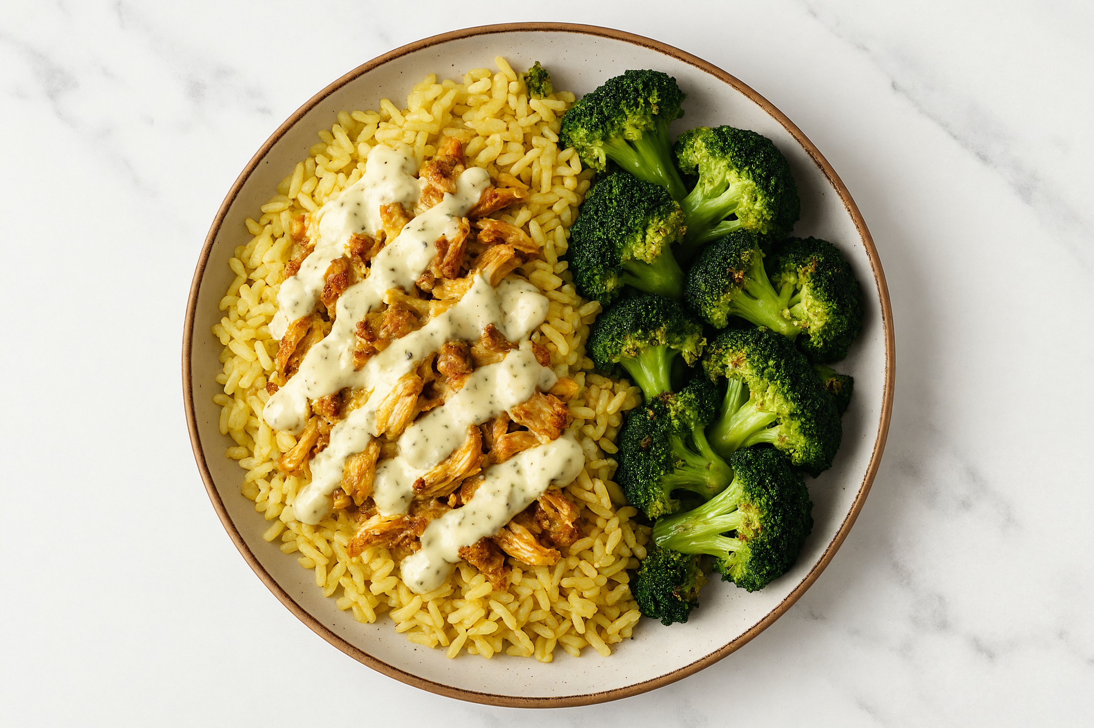 Creamy Dill Shawarma Chicken Rice Bowl with Broccoli Florets