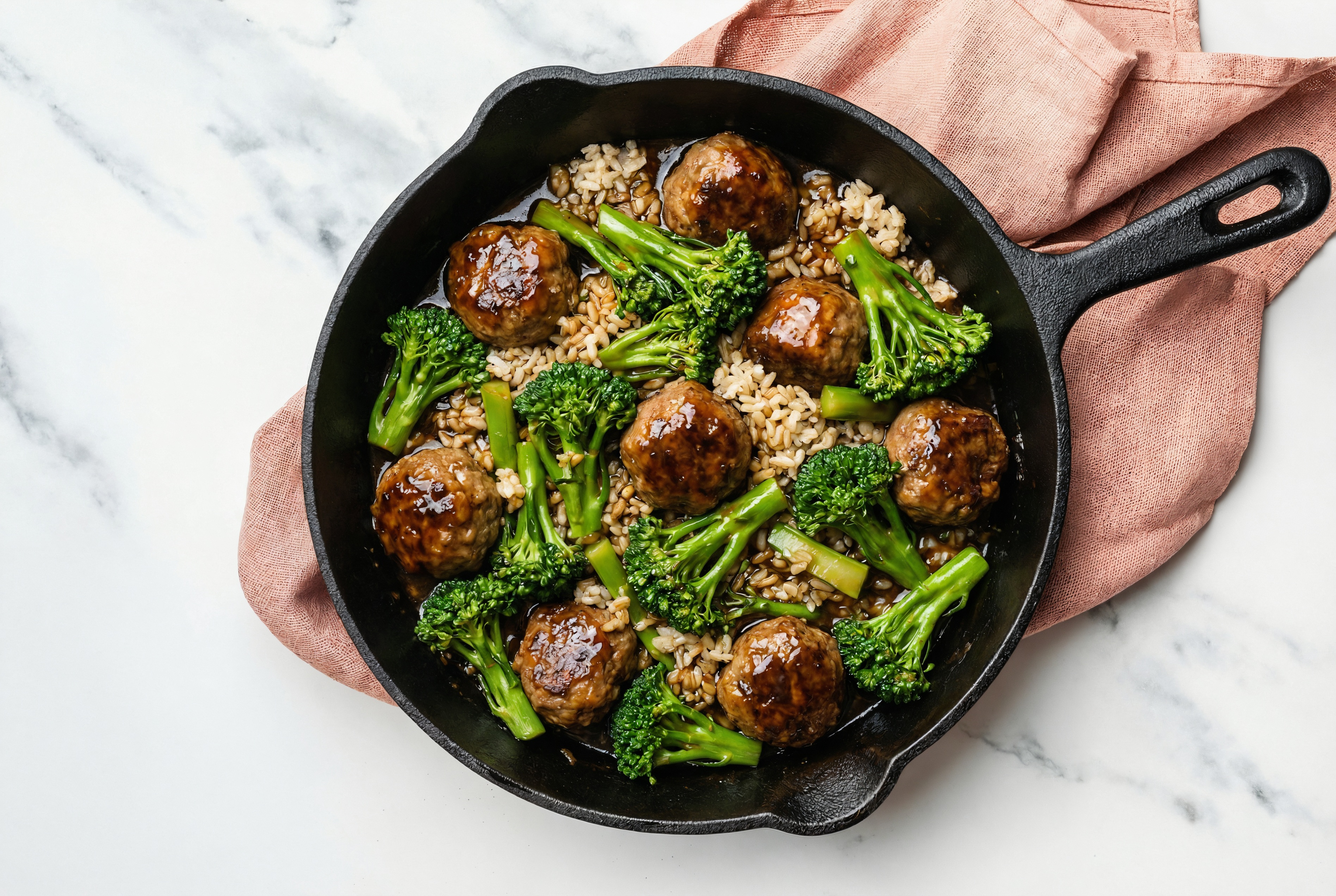 Teriyaki Meatball Stir-Fry with Baby Broccoli over Brown Rice