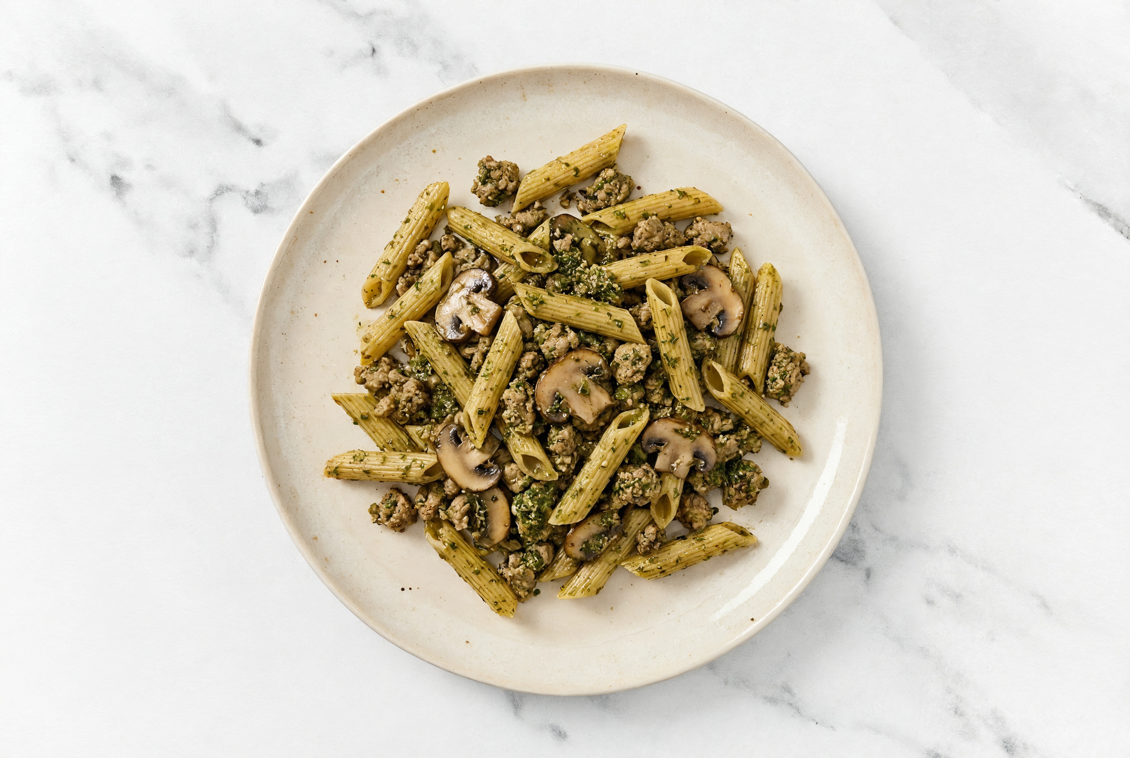 Penne Pesto with Ground Bison & Mushrooms