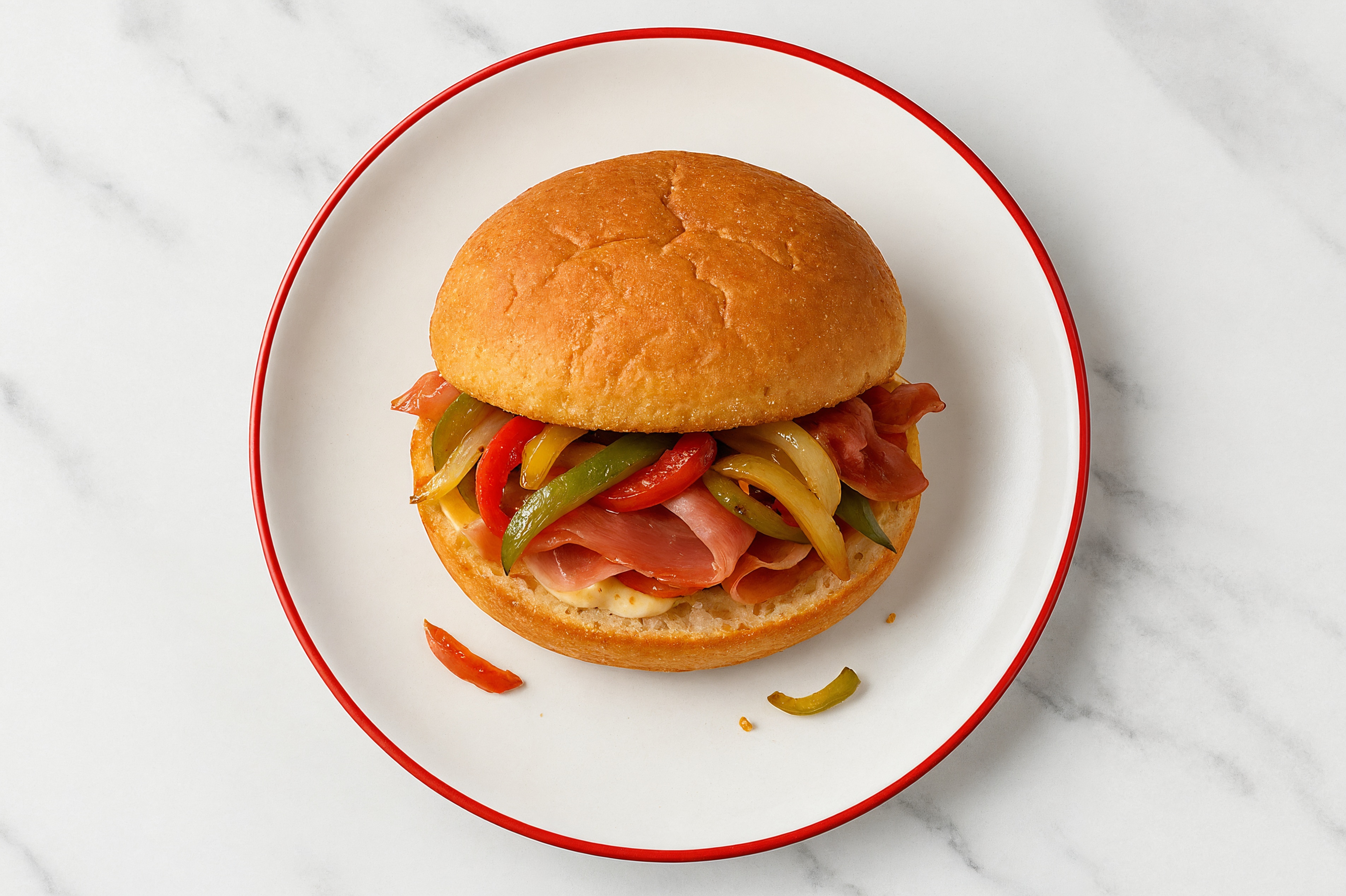 Creamy Horseradish Prosciutto Sandwich with Peppers + Onion on Gluten-Free Buns