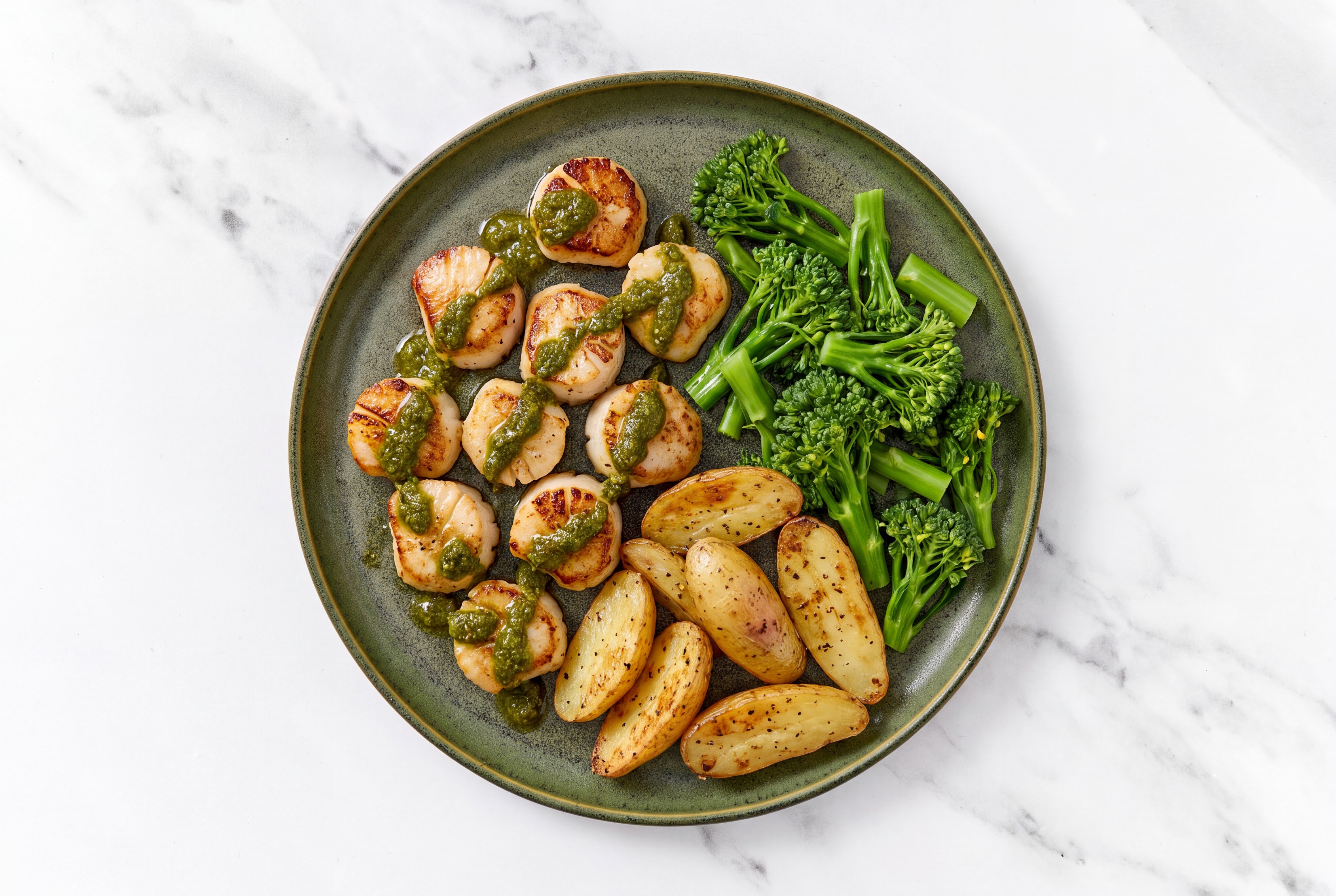 Seared Zhoug Scallops + Crispy Potatoes