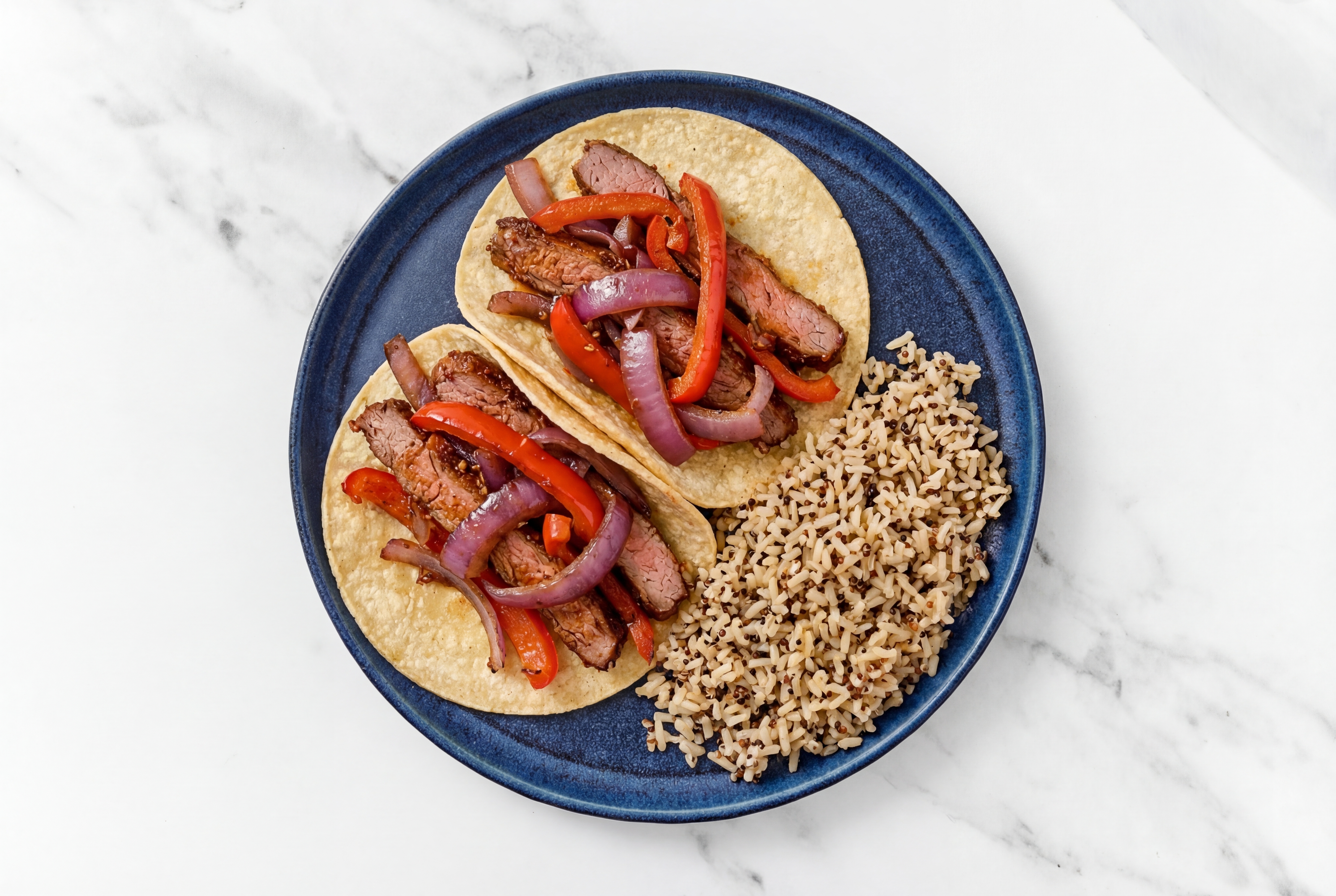 XL Adobo Marinated Flank Steak Fajita Tacos with Brown Rice