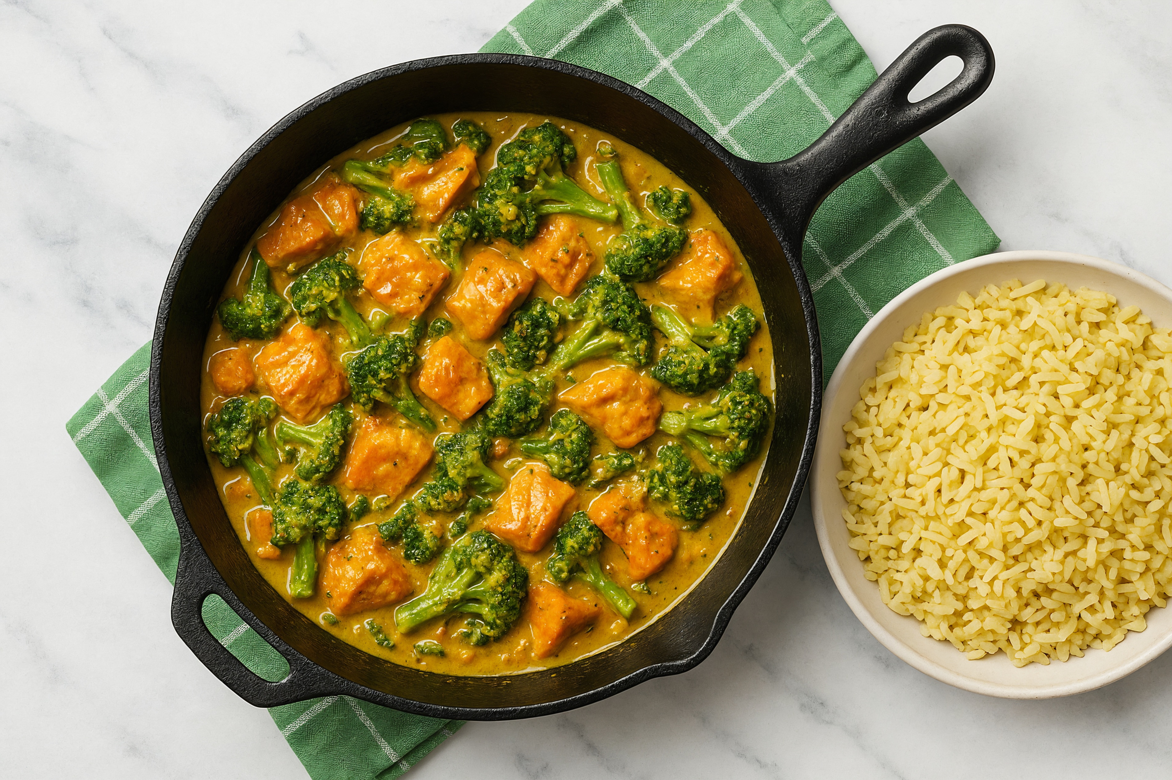 Coconut Curry Sockeye Salmon Stir-Fry with Baby Broccoli over Jasmine Rice