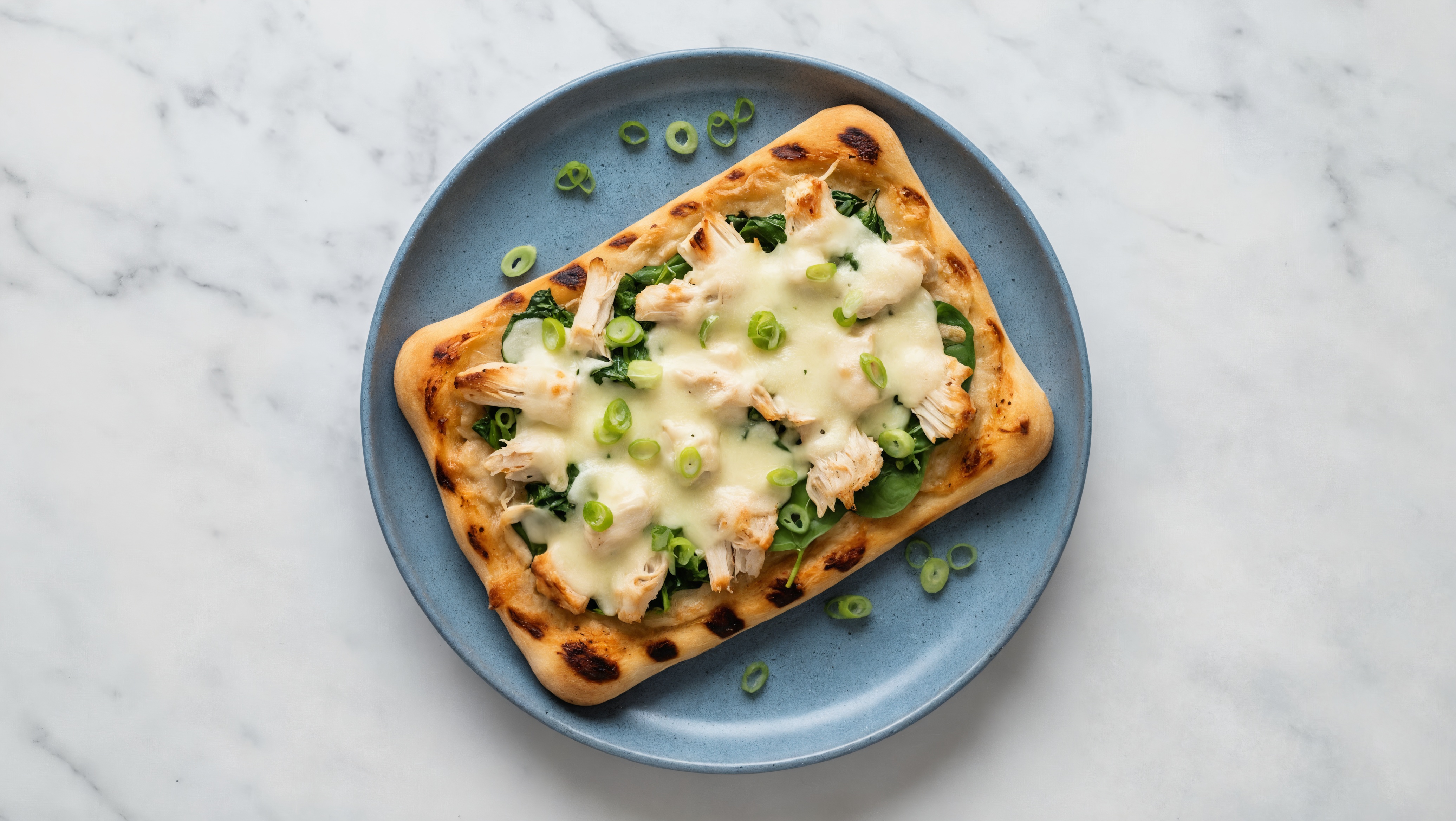 Truffle Pulled Chicken + Spinach Pizza with Scallions