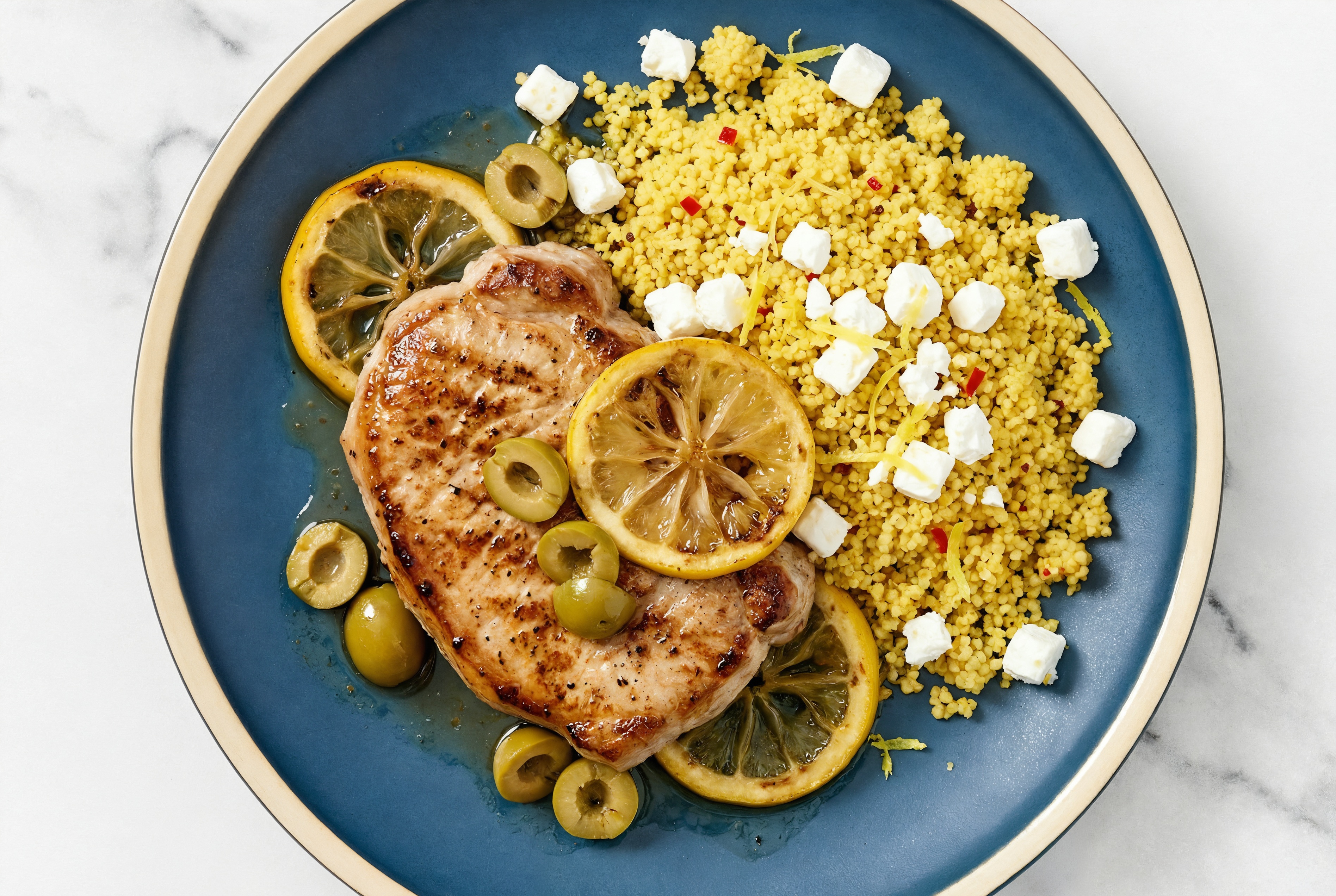 Pork Chop "Piccata" with Olives + Couscous