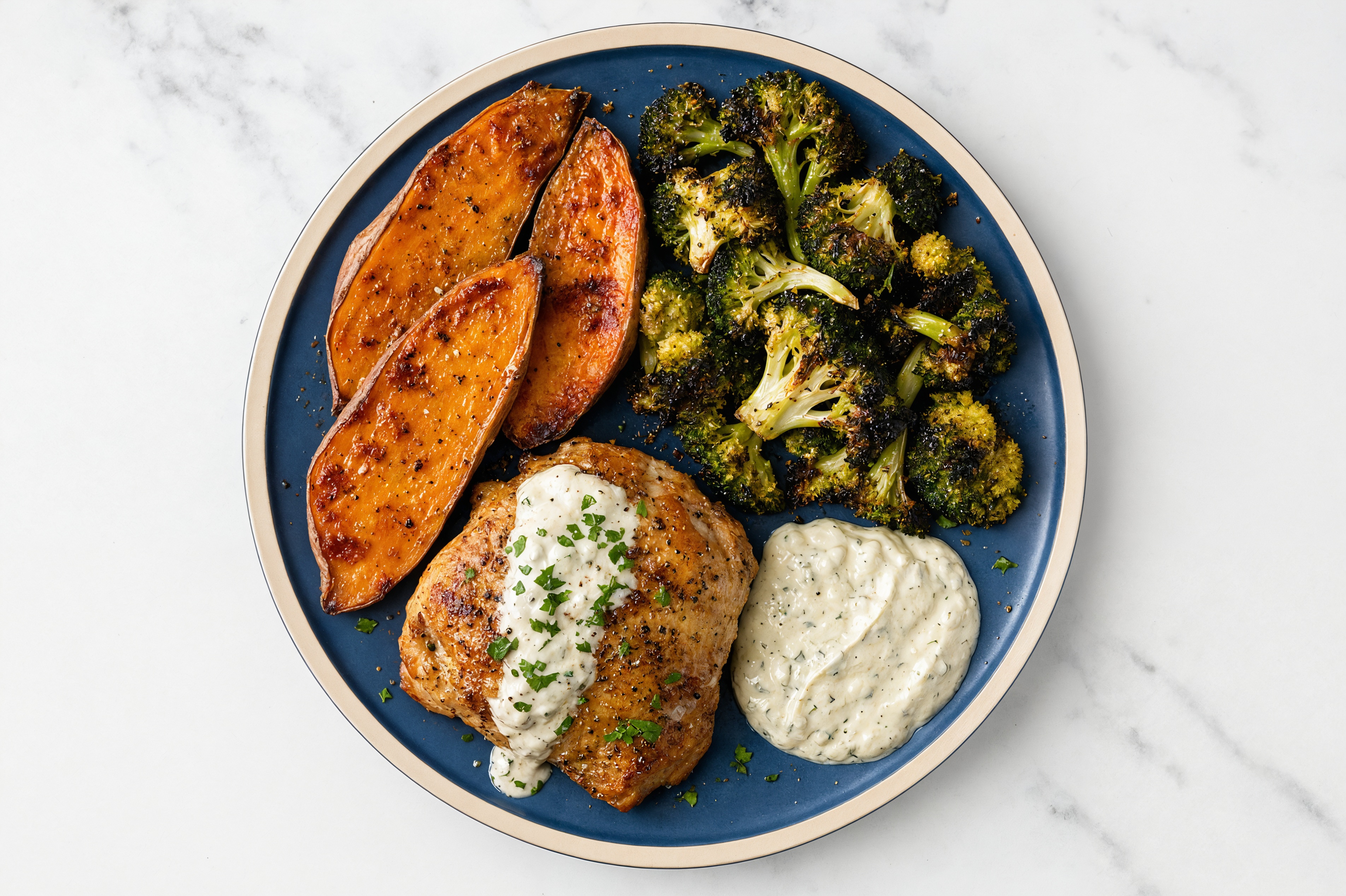 Rustic Sheet-Pan Chicken + Veggies with Tzatziki with Broccoli Florets