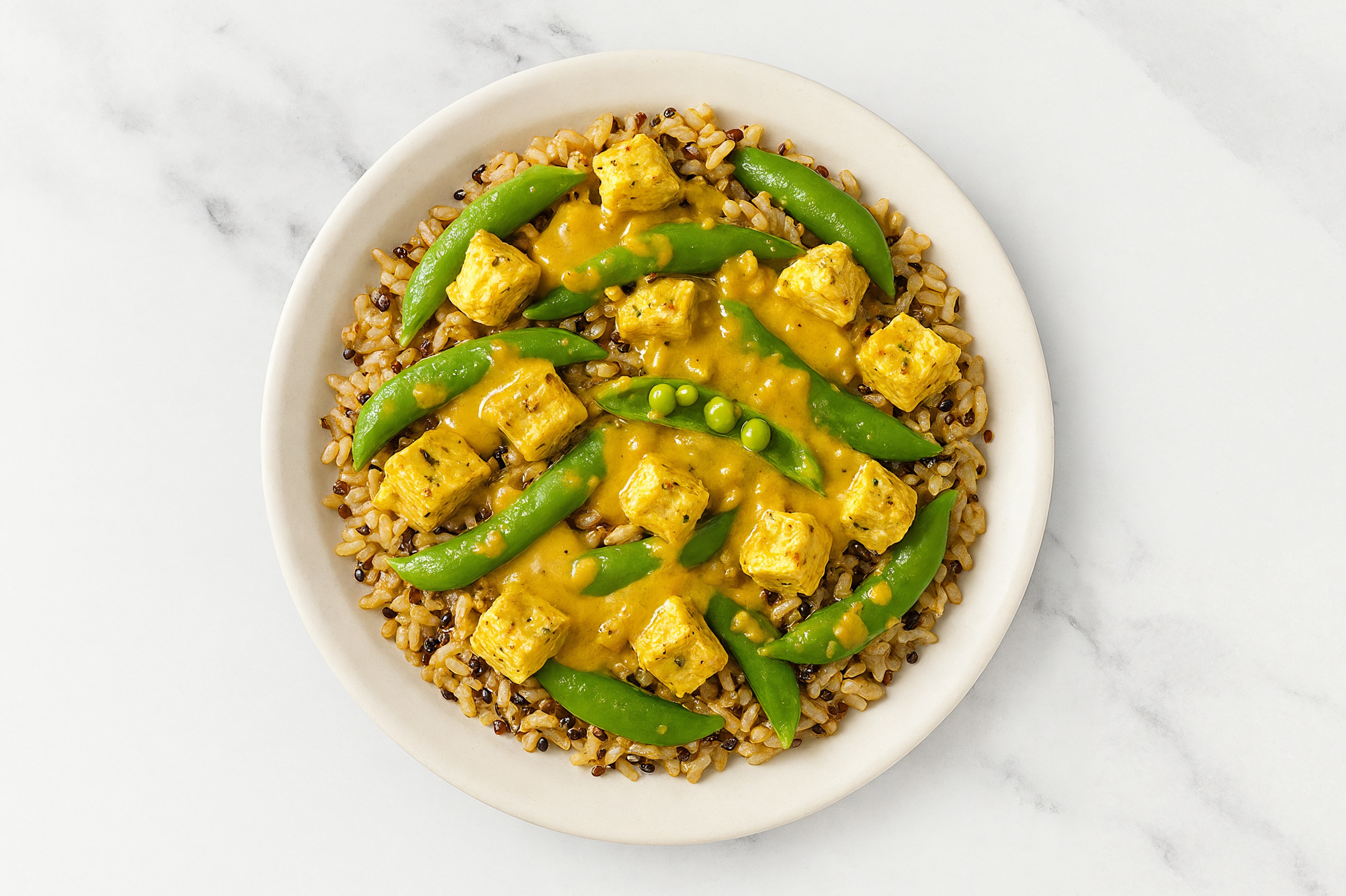 Curry Savory Spiced Tofu Bites + Pea Snaps Rice Bowl