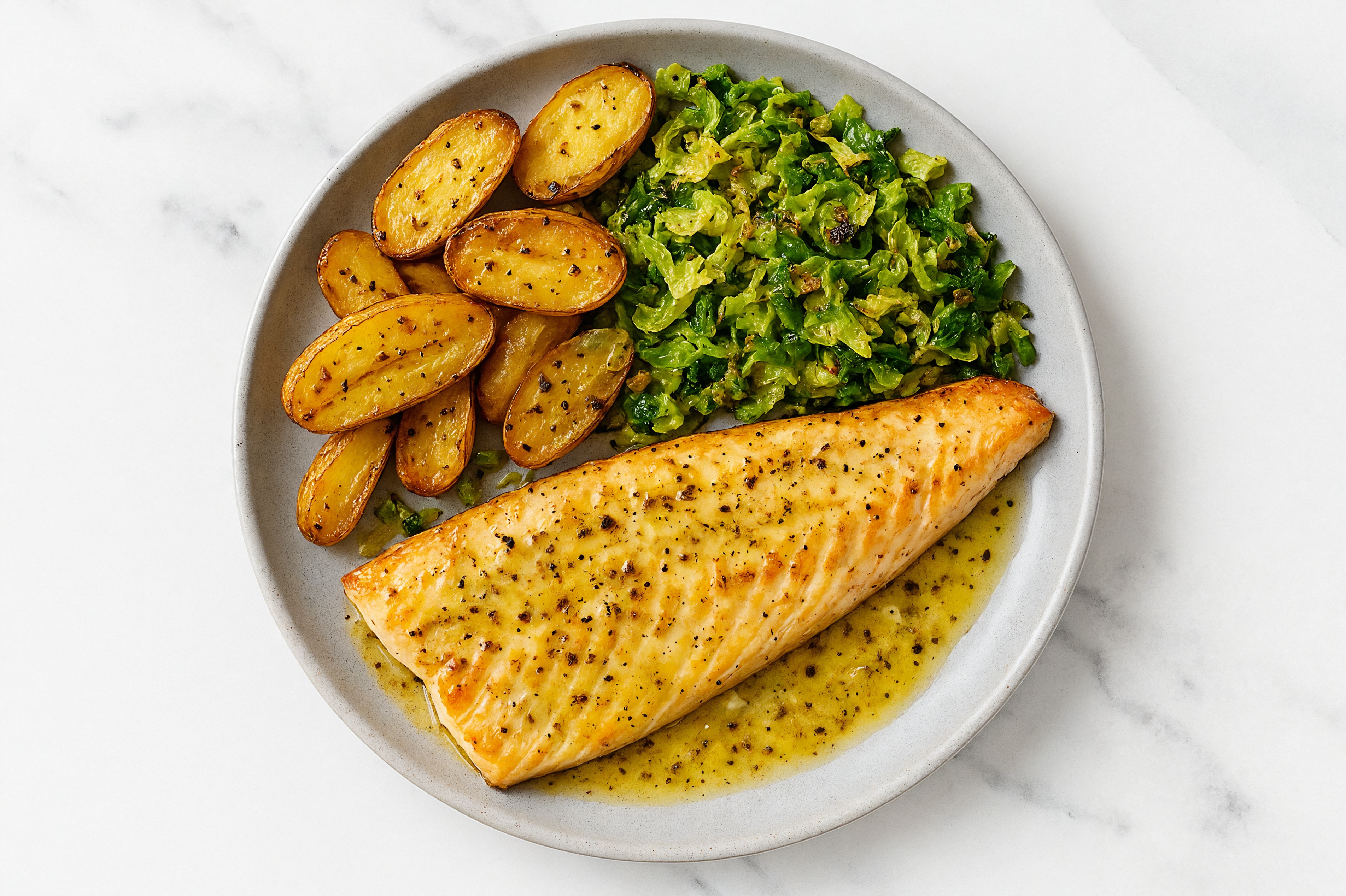 Lemon-Slow Churned & Peppercorn Pasture Butter Trout with Fingerling Potatoes & Brussels
