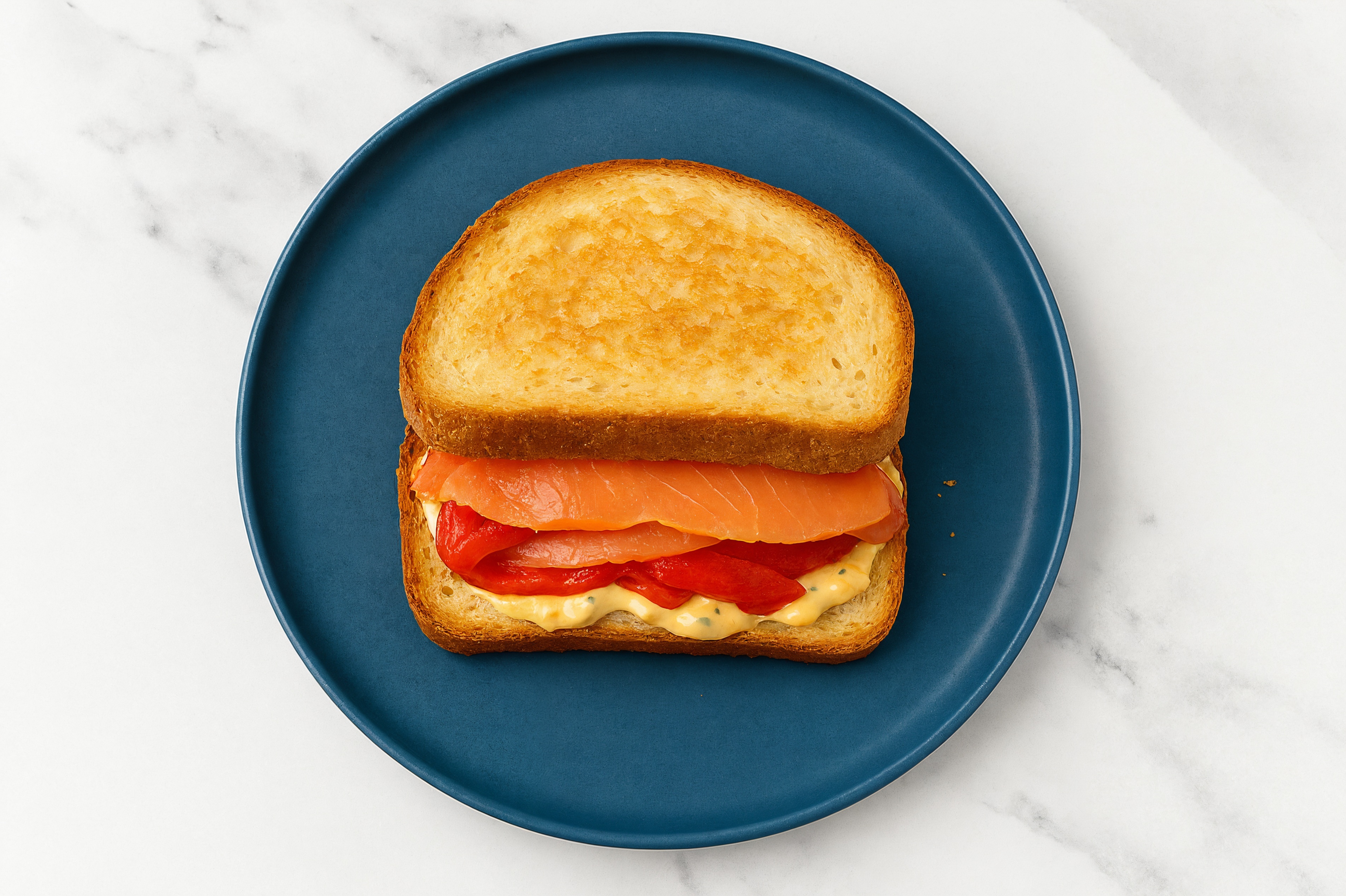Street Corn Smoked Salmon Sandwich with Roasted Peppers on Honey White Bread
