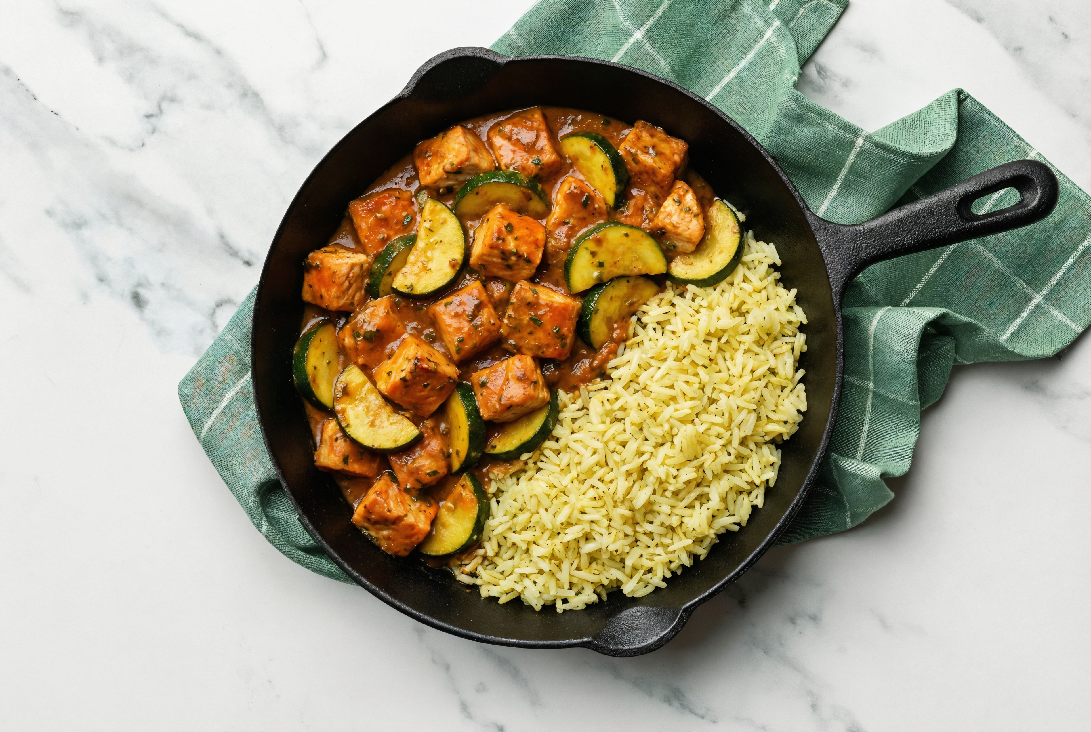 Tikka Masala Sockeye Salmon Stir-Fry with Zucchini over Jasmine Rice