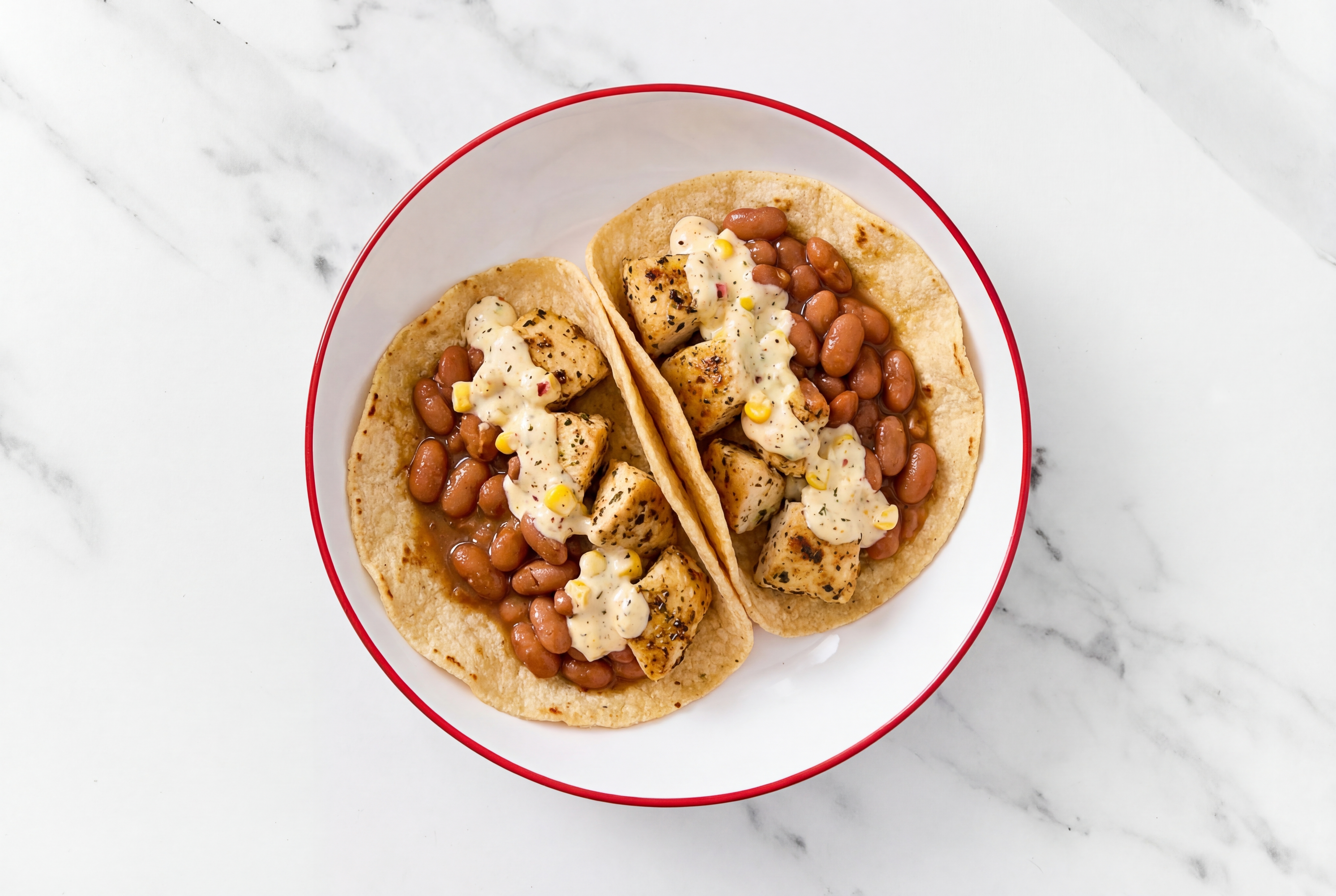 Garlic Chicken Tacos with Street Corn Sauce & Pinto Beans