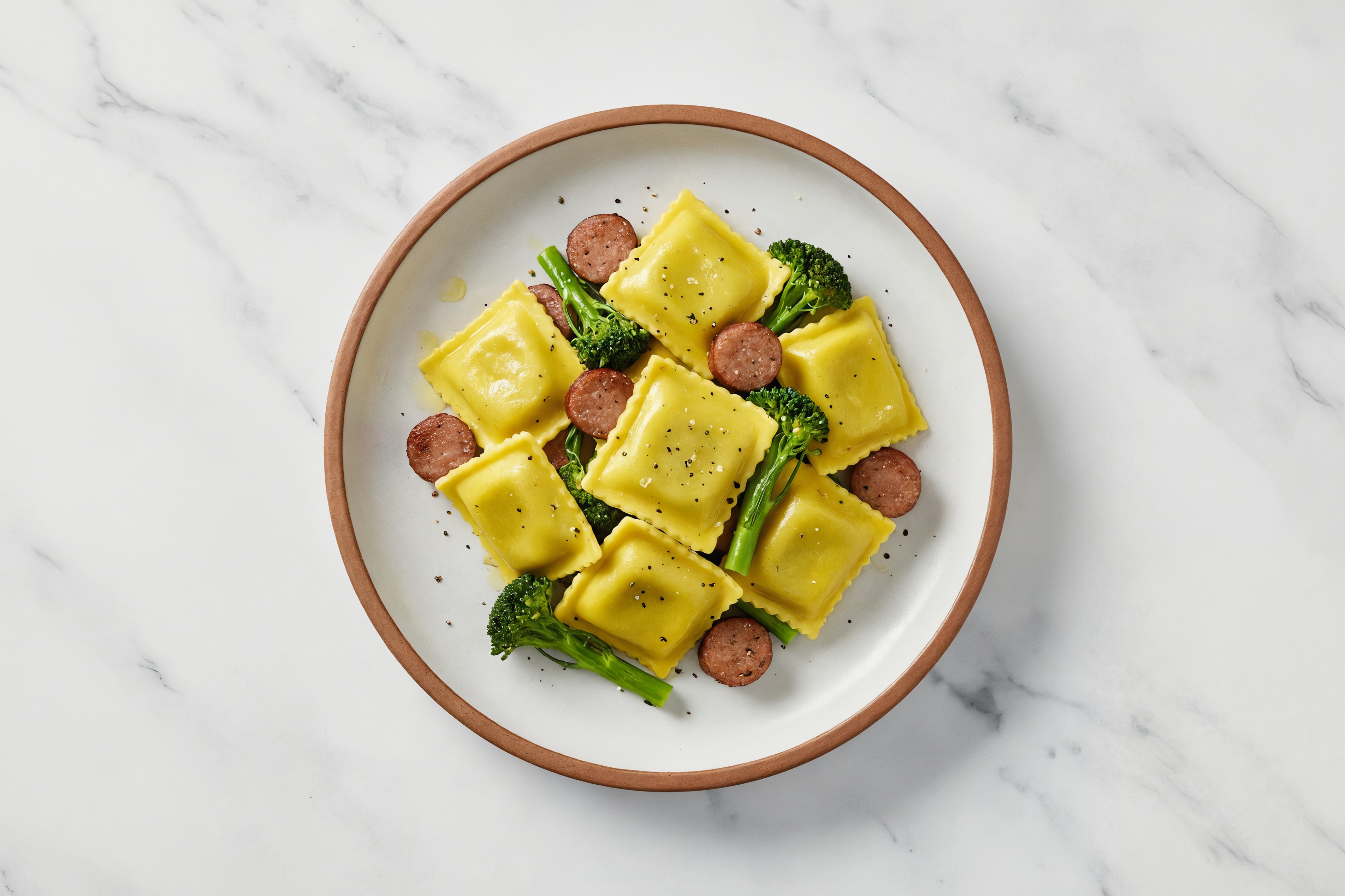 Spinach Ravioli with Broccoli + Hot Sausage