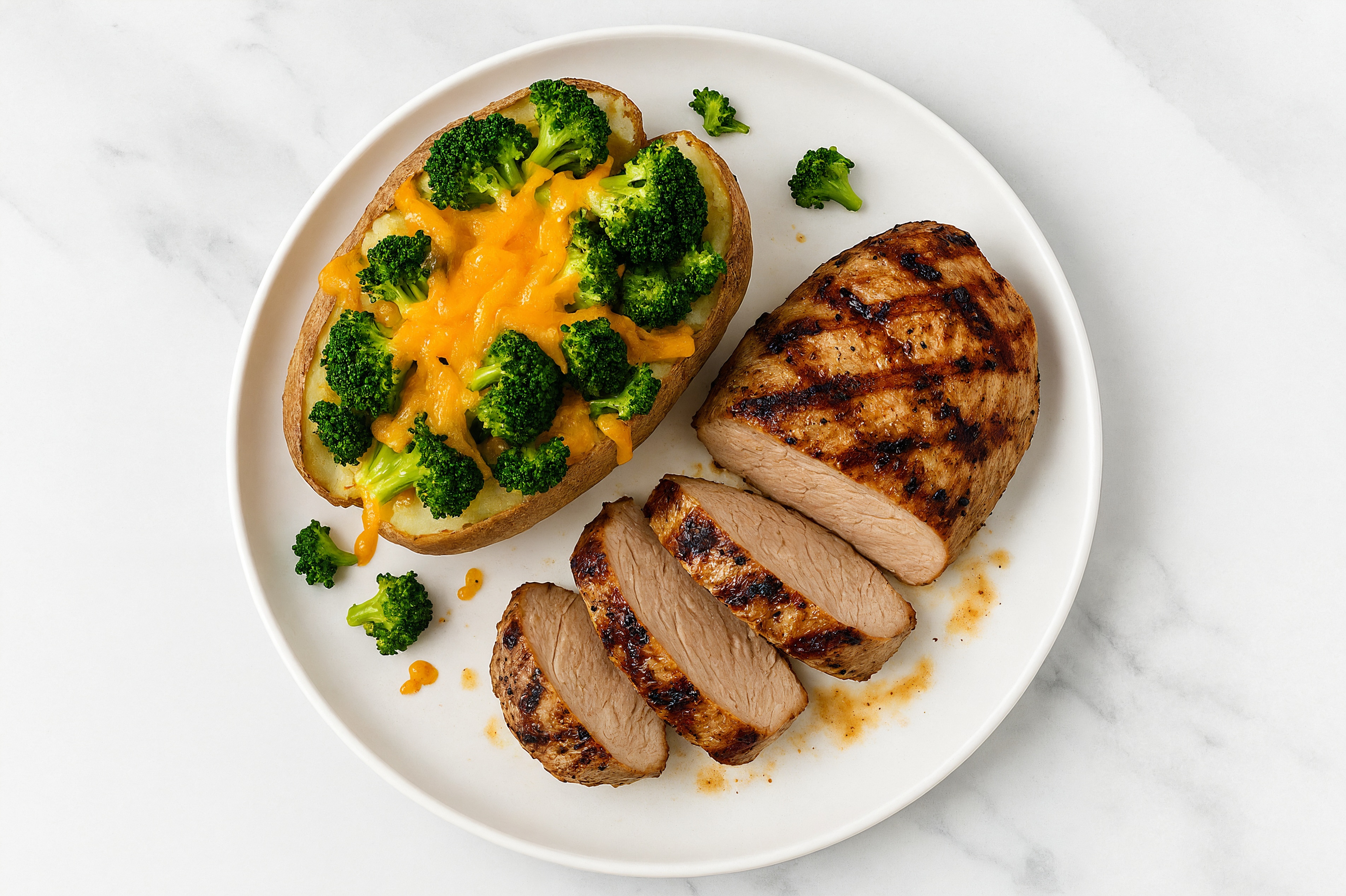 Herby Grilled Pork Tenderloin + Cheesy Loaded Potato with Shredded Sharp Cheddar Cheese