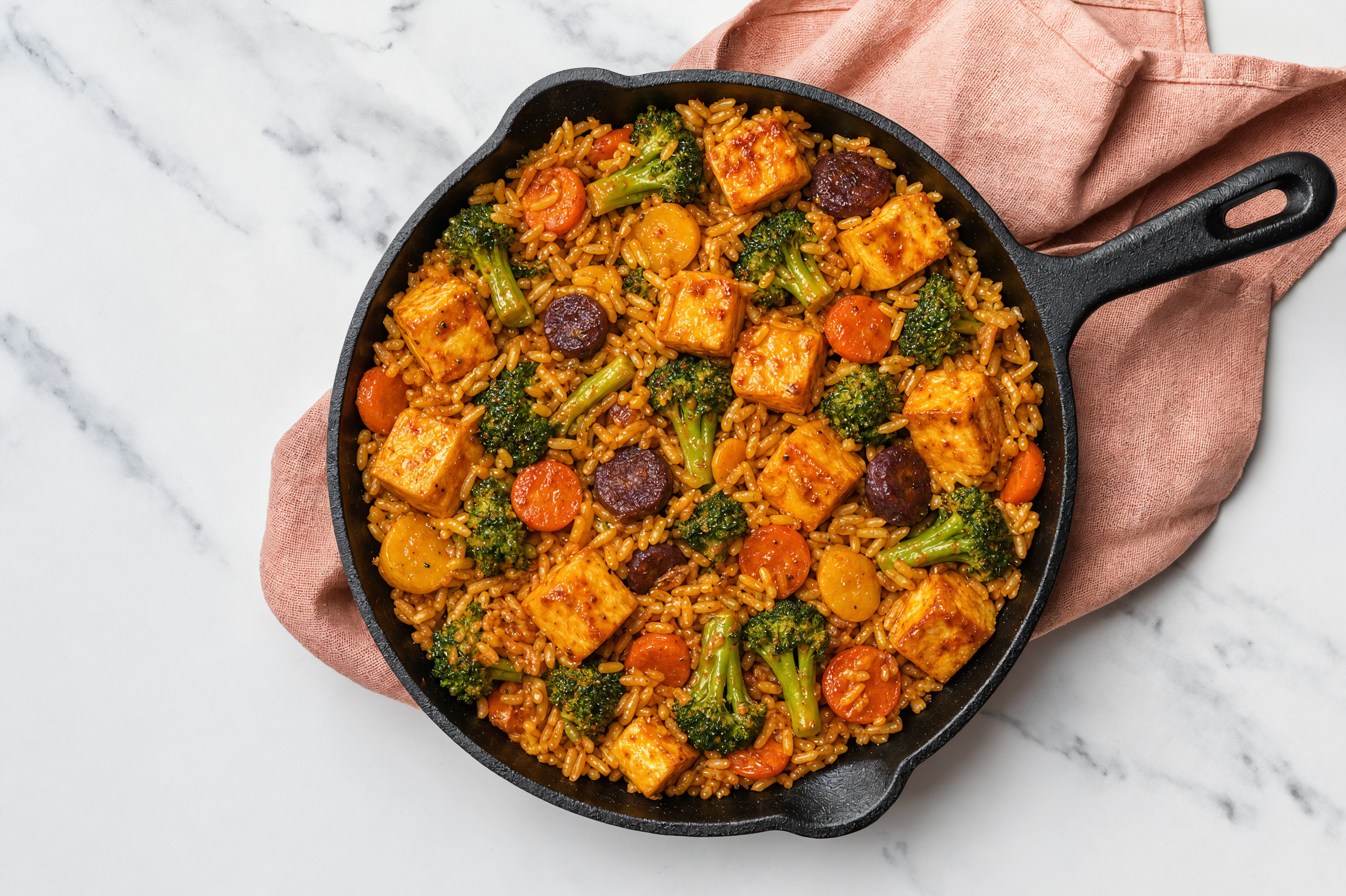 Paneer in Peppery Sauce with Broccoli + Carrots over Seasoned Jasmine Rice