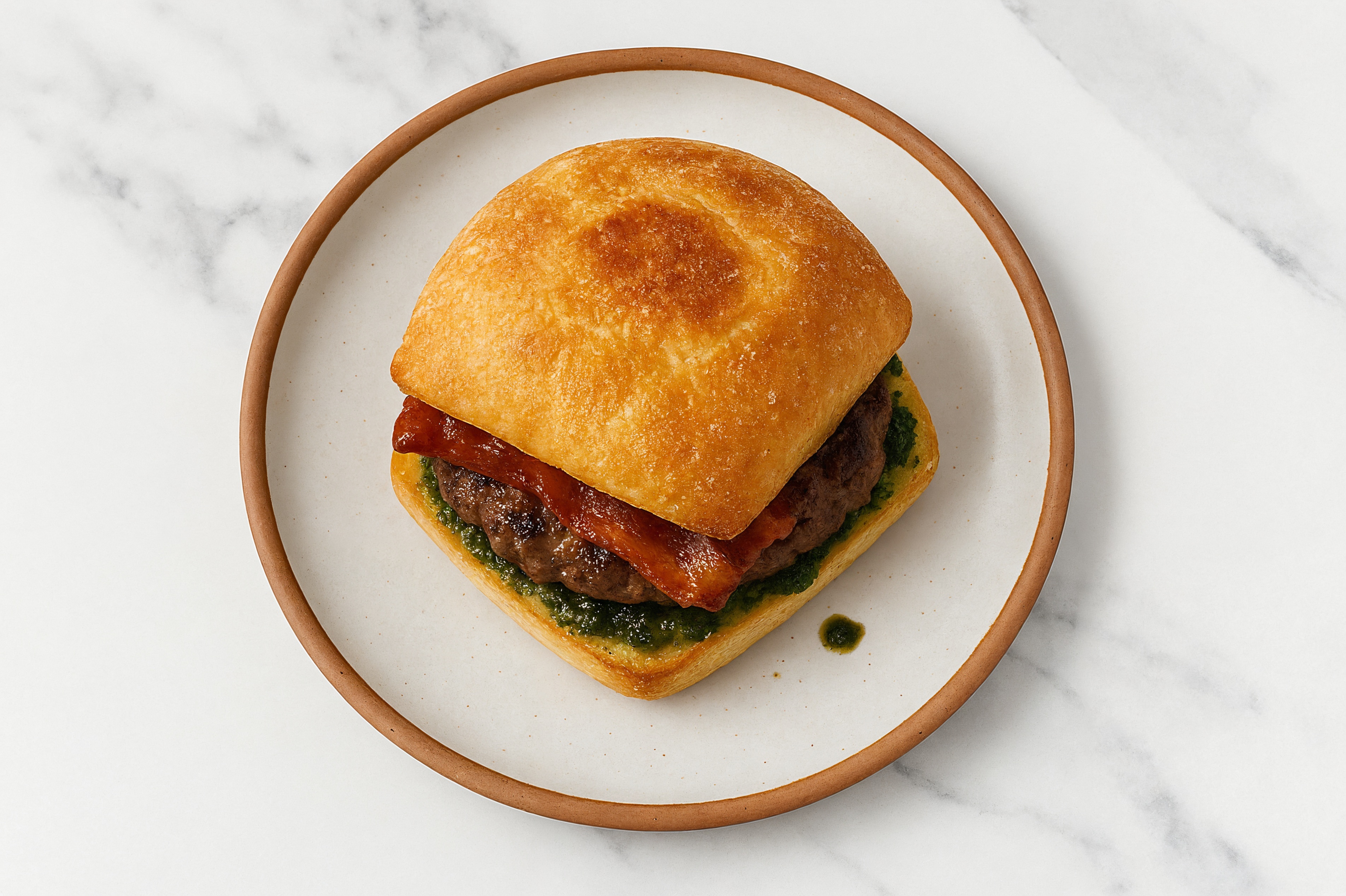 Beef Burger on Ciabatta with Spinach Pesto & Applewood Smoked Pork Bacon