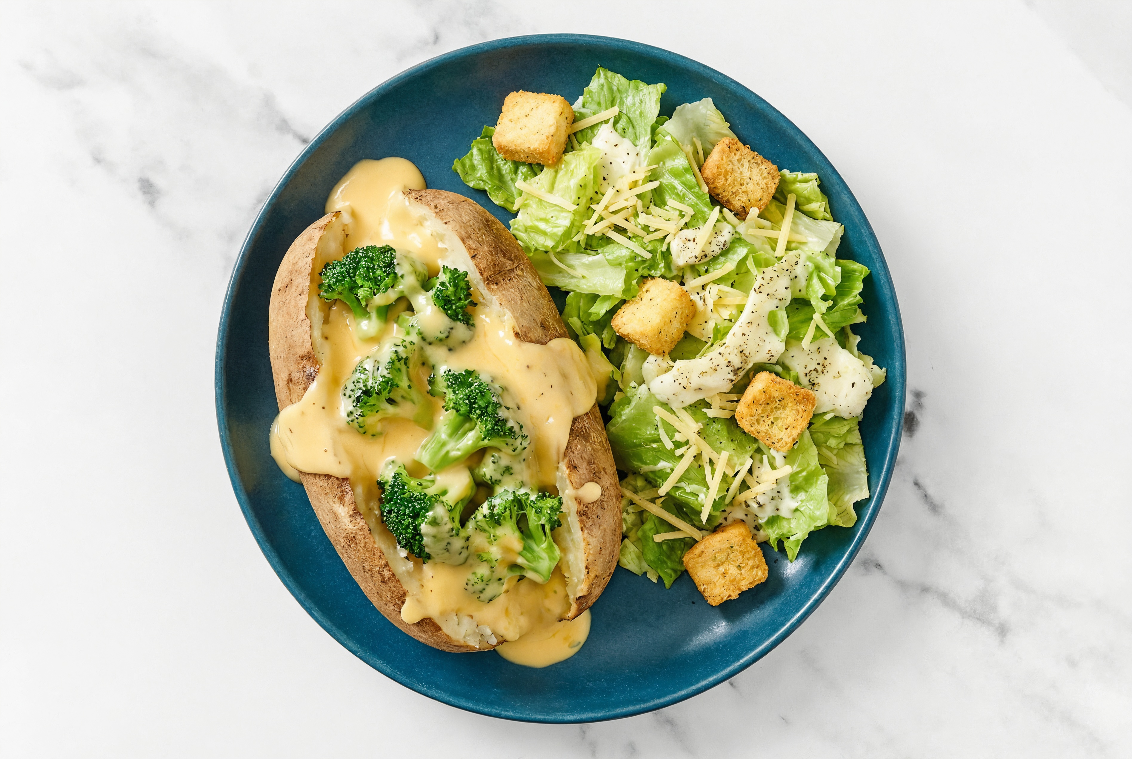 Broccoli Florets Cheddar Stuffed Baked Potato + Caesar Salad