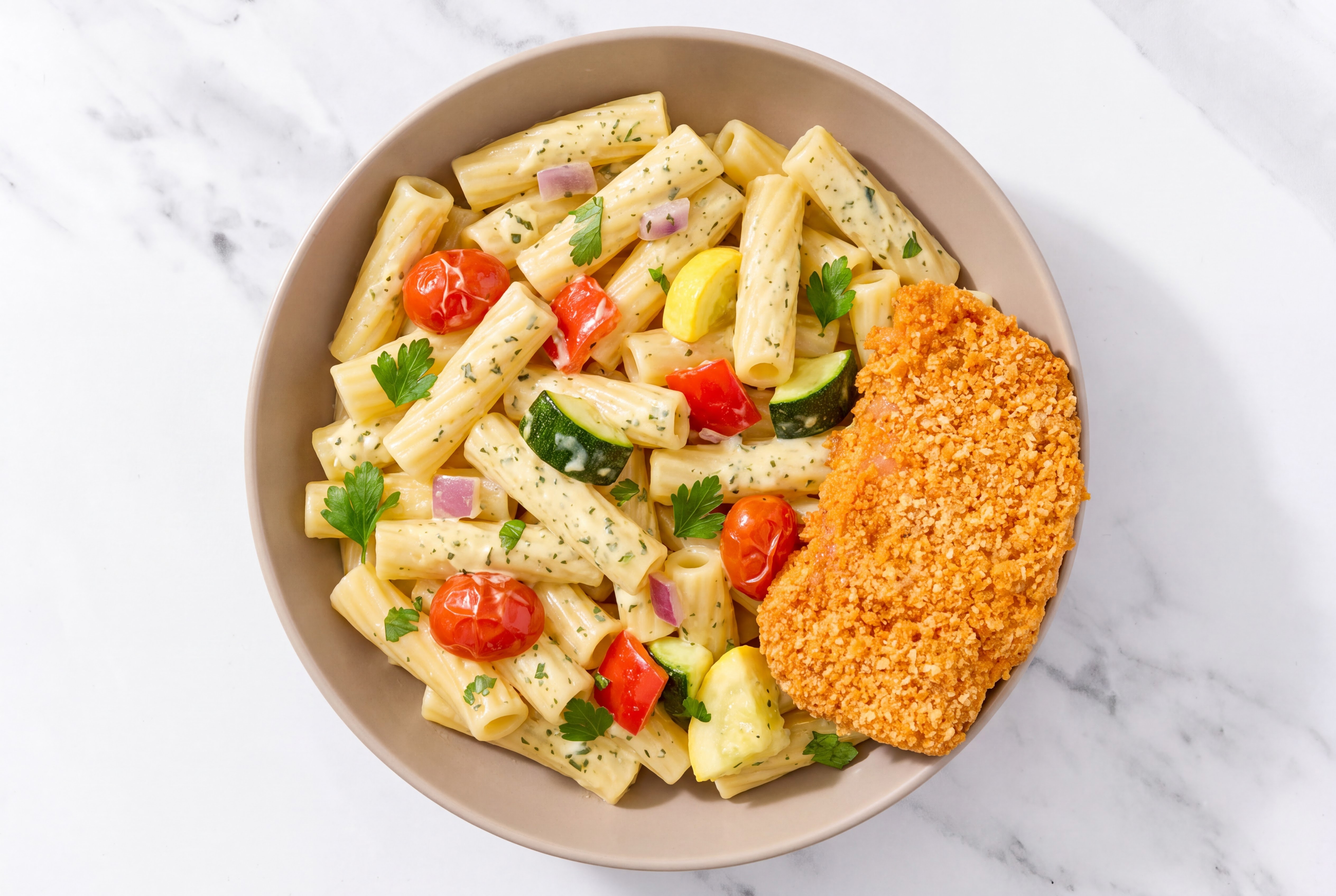 Crispy Hot Honey Chicken over Creamy Rigatoni with Mixed Veggies
