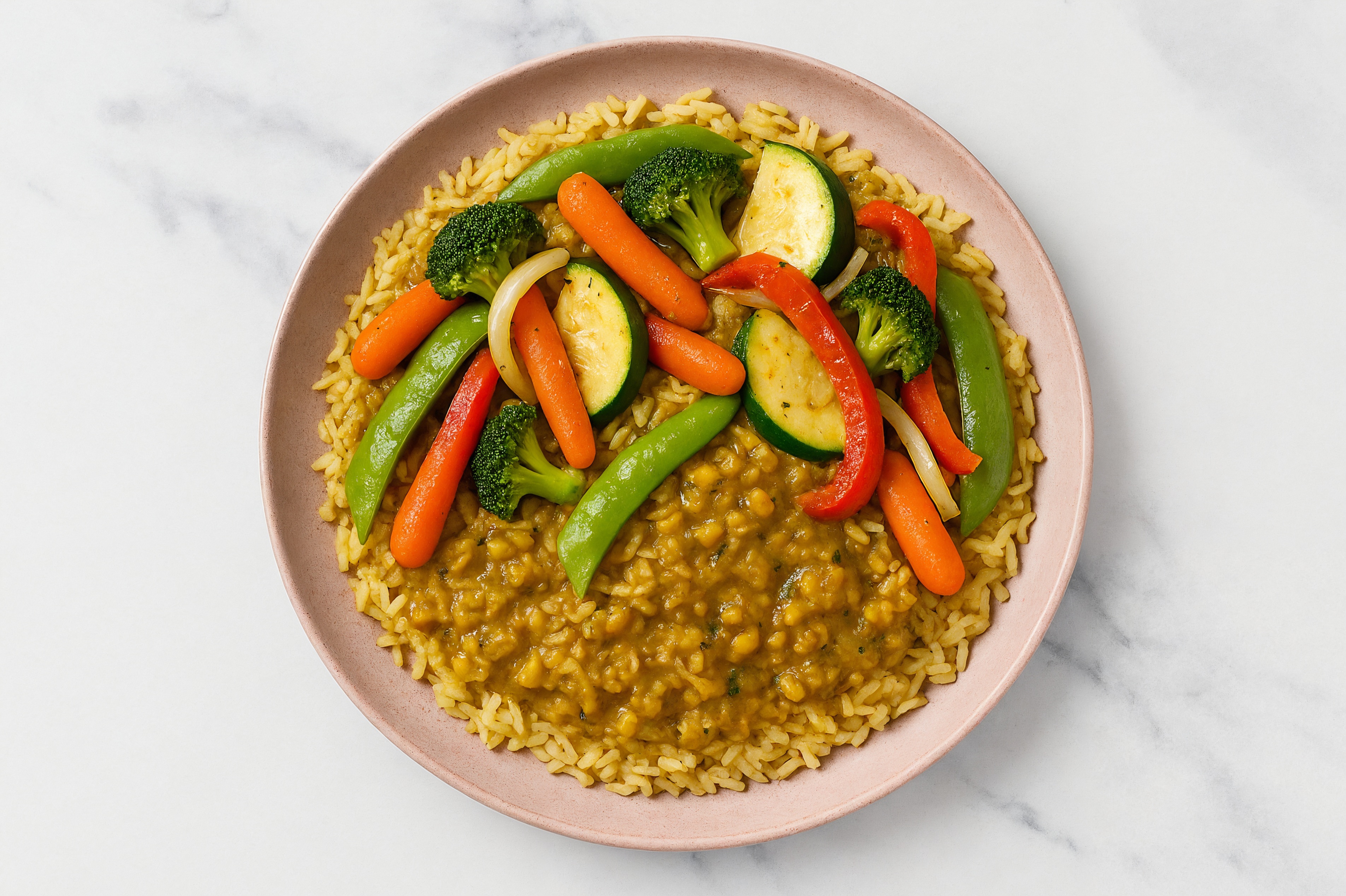 Yellow Lentil Dal + Bell Pepper Grain Bowl with Seasoned Jasmine Rice