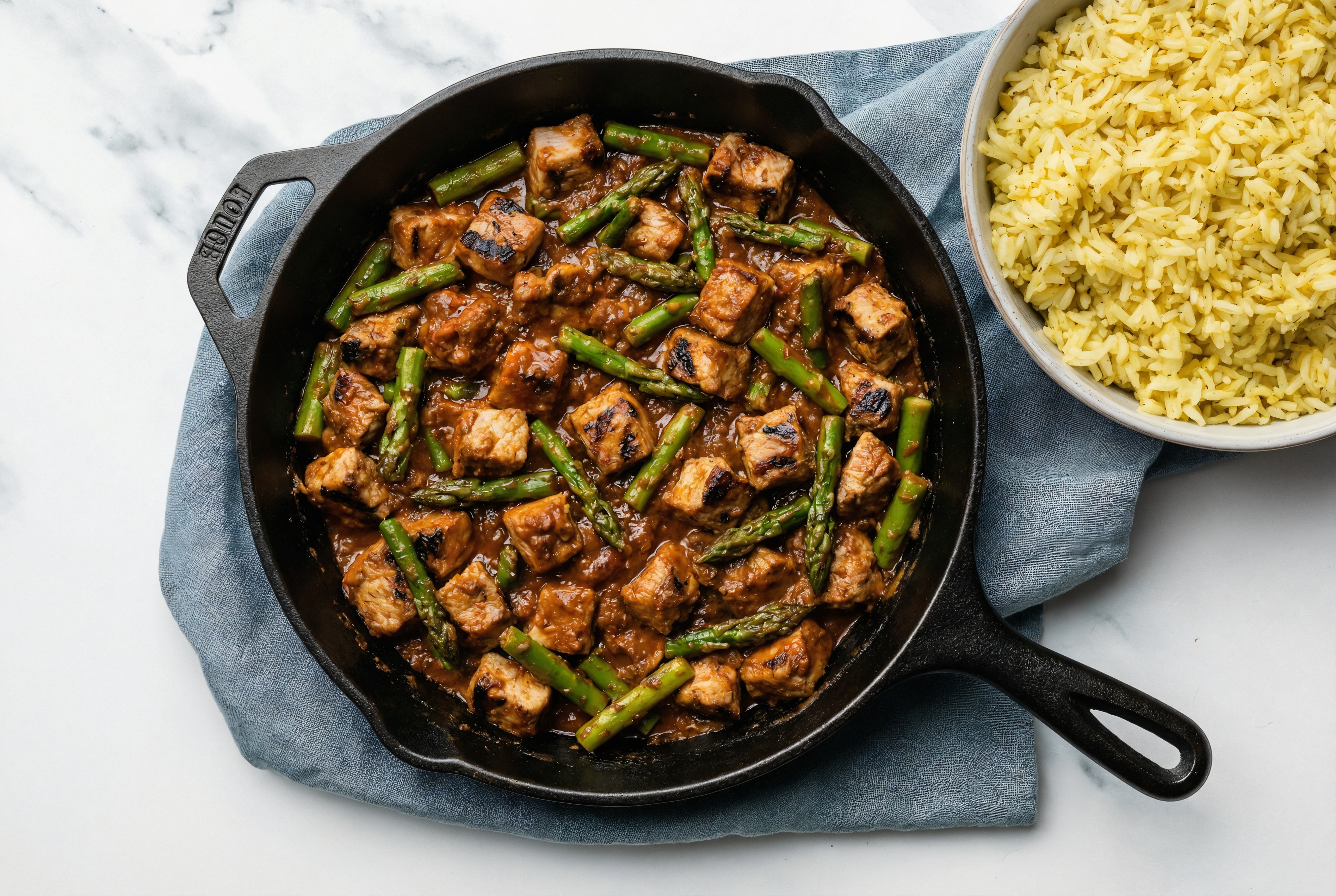 Spicy Vindaloo Grilled Pork Stir-Fry with Asparagus over Jasmine Rice