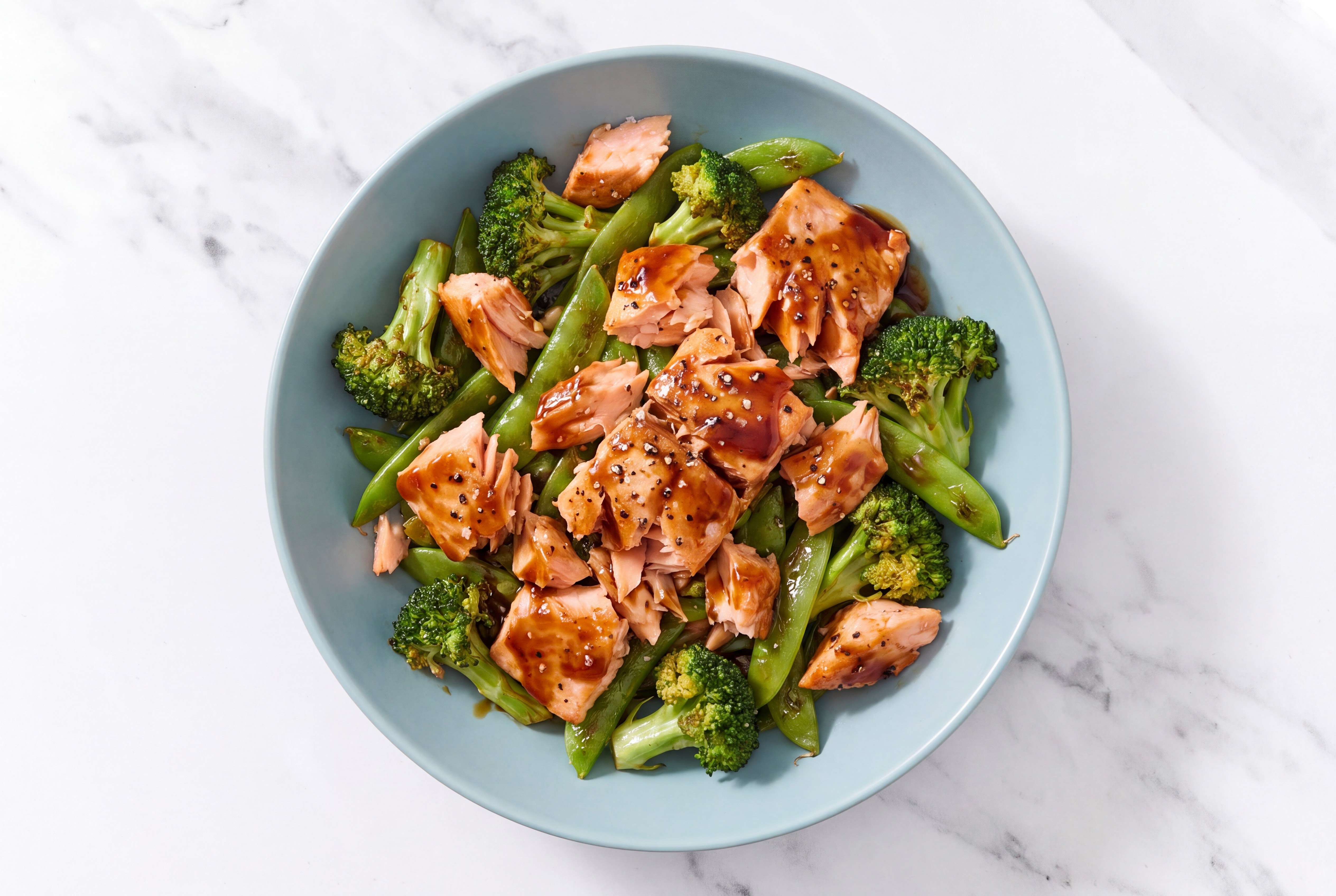 Teriyaki Salmon Green Veggie Bowl with Broccoli Florets