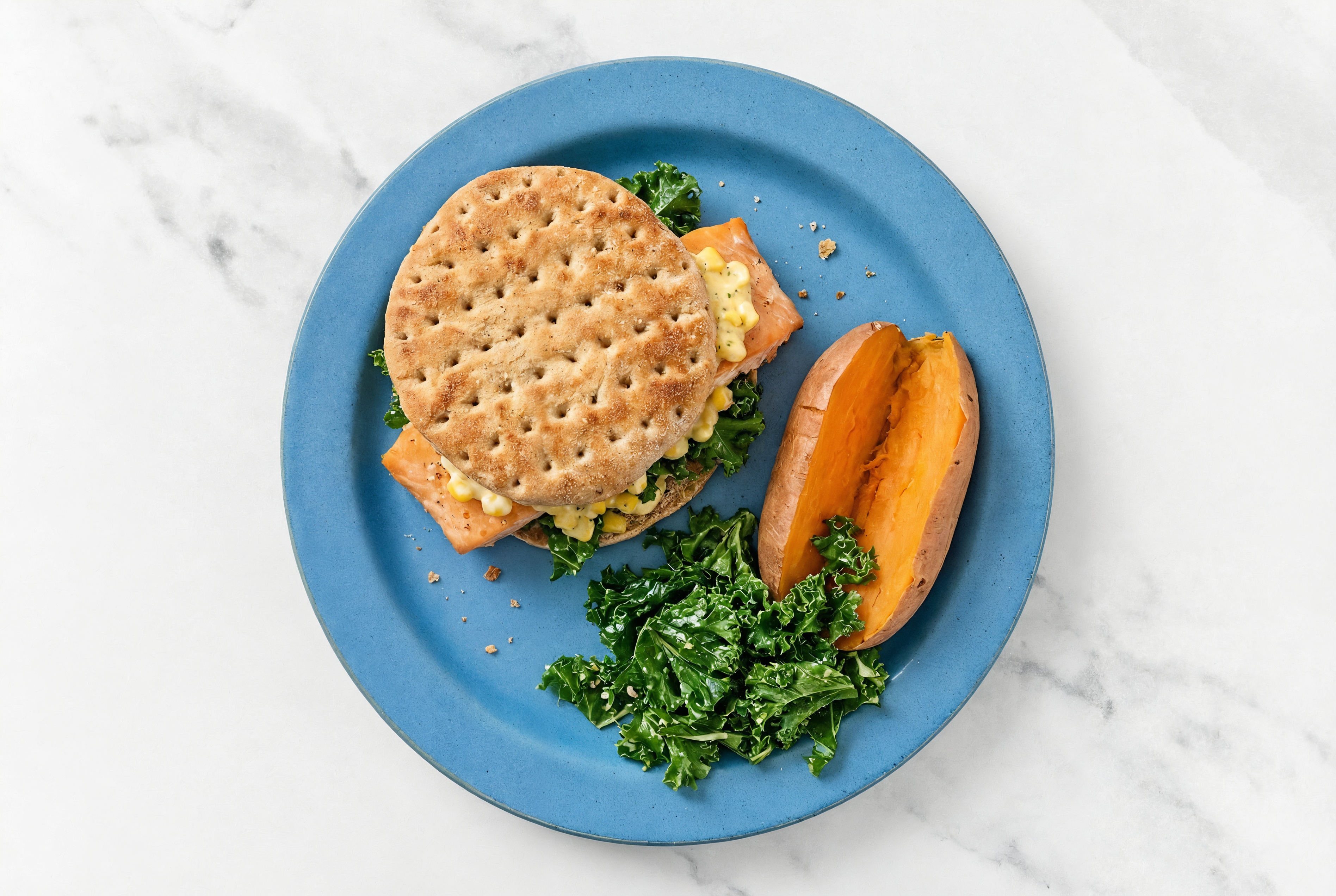 Street Corn Salmon Sandwich on Multigrain with Kale + Sweet Potato