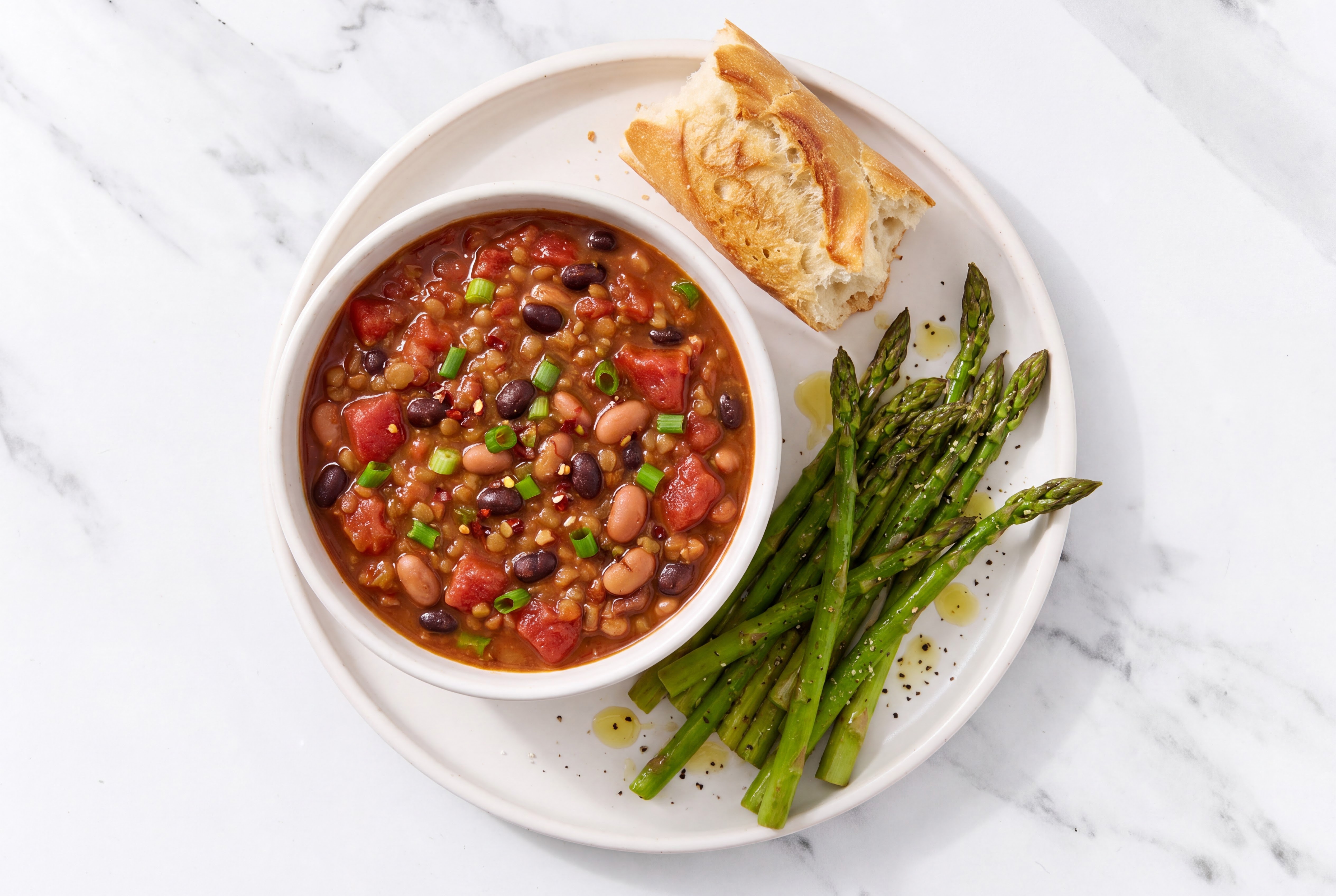 Homestyle Lentil Chili with Asparagus + Baguette