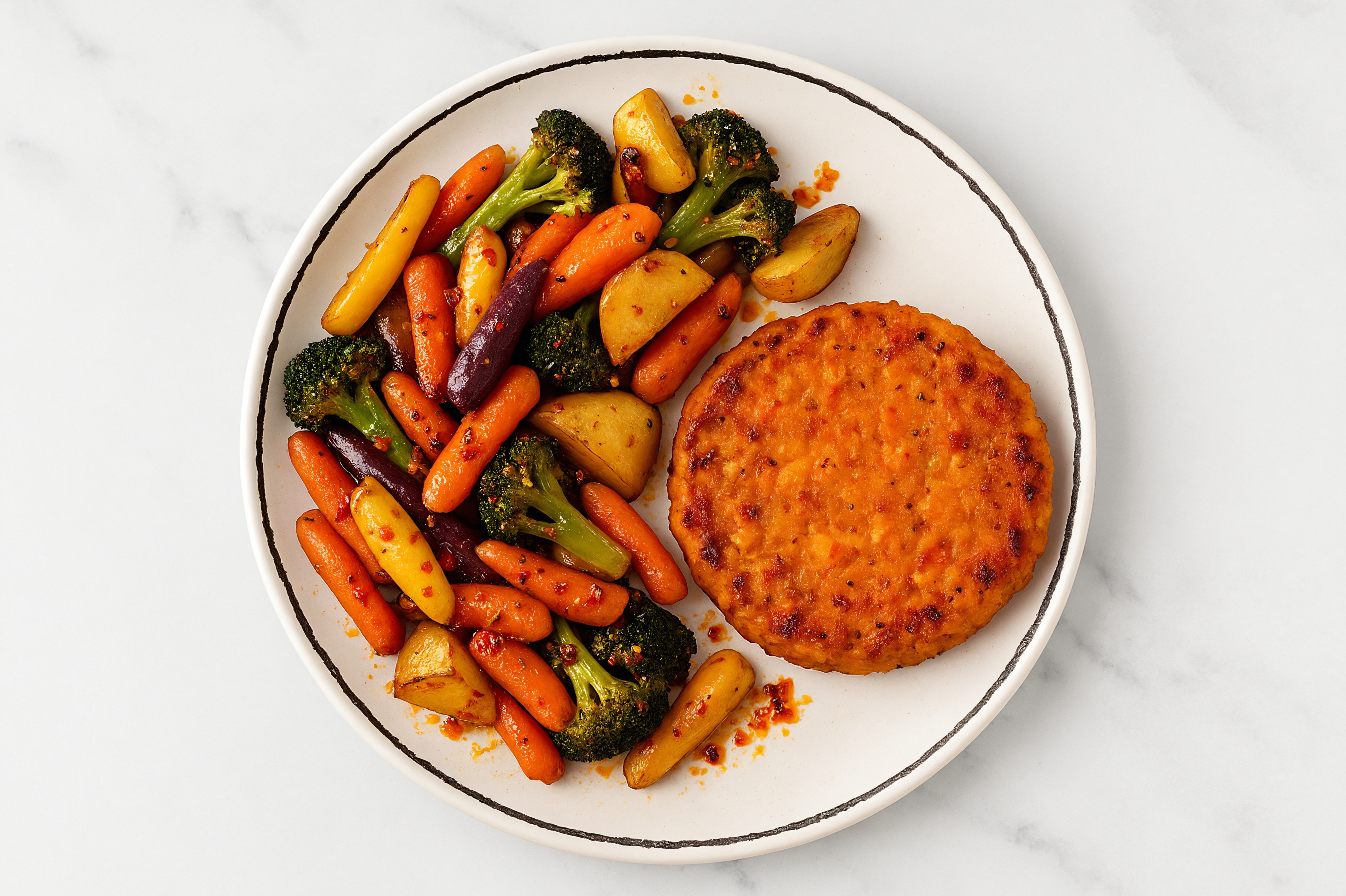 Roasted Carrots + Yellow Potatoes with Chili Crisp Lime, Veggie Sweet Potato Burger Patties Plate