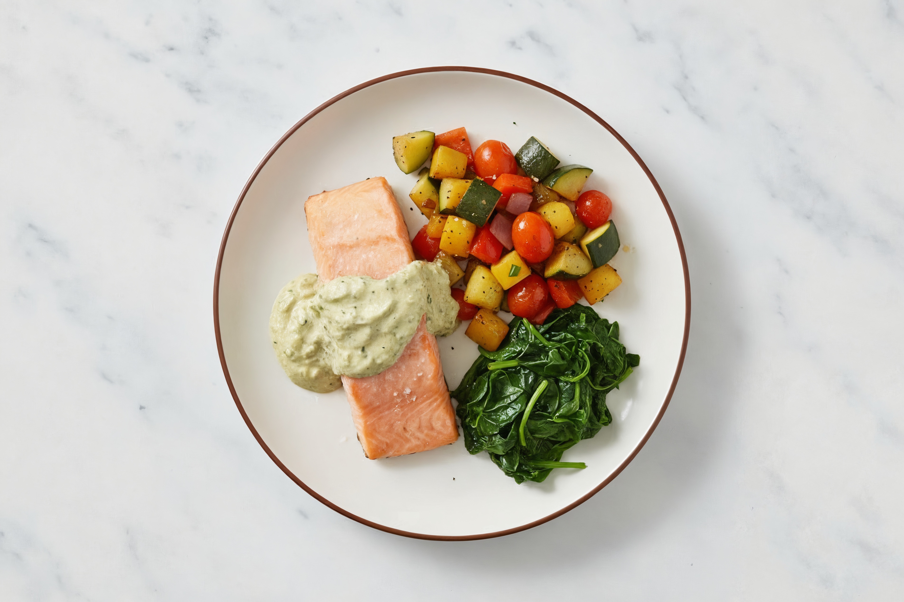 Roasted Atlantic Salmon with Sautéed Summer Veggies with Baby Spinach