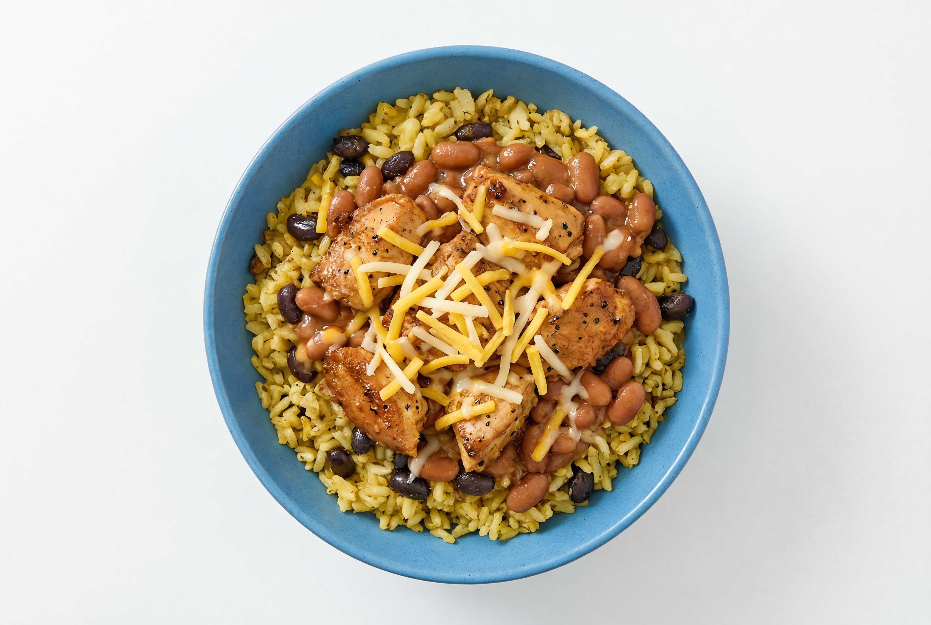 Cheezy Rotisserie Chicken Burrito Bowl with Seasoned White Rice + Black Beans