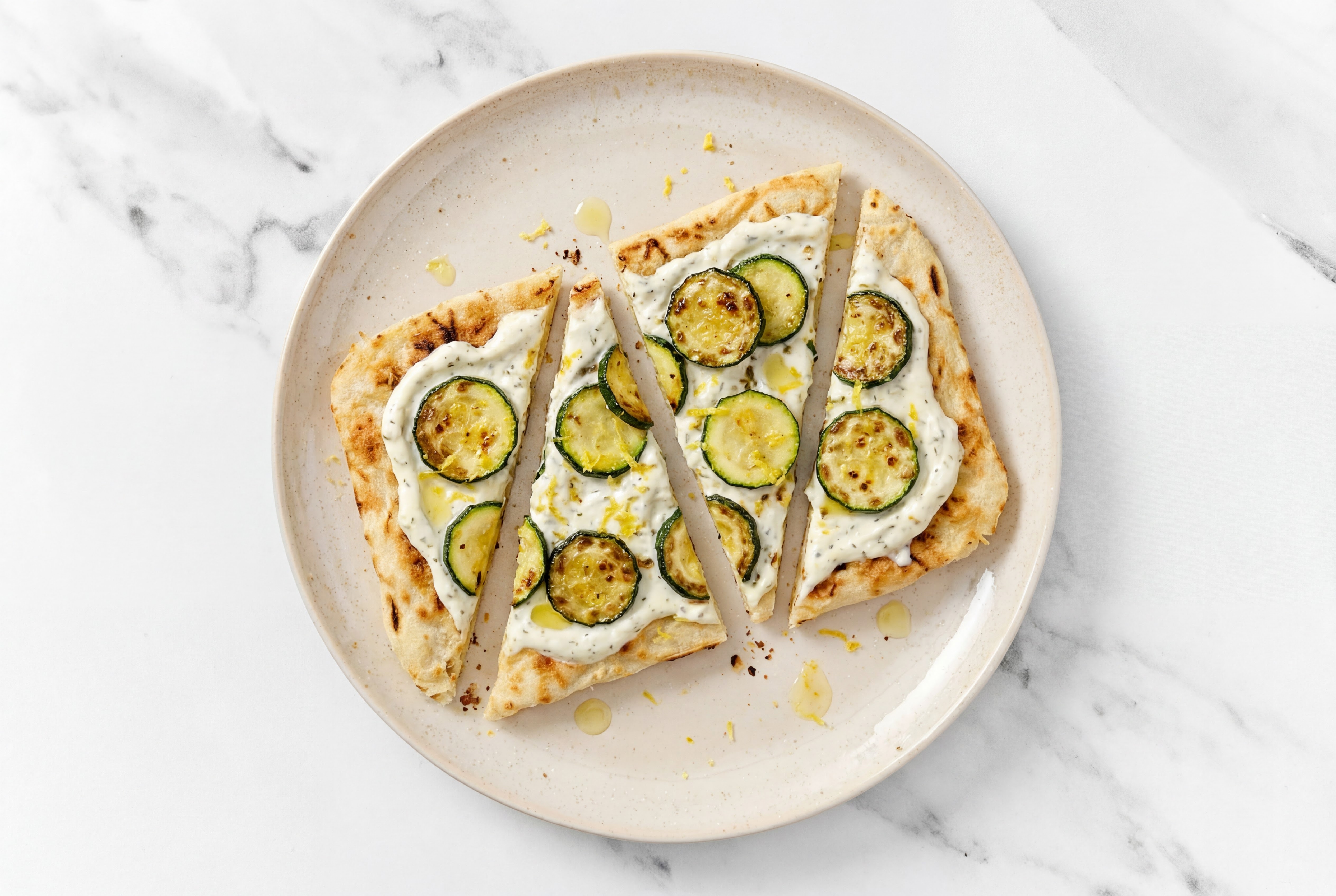 Hearty Lemony Zucchini + Tzatziki Flatbread