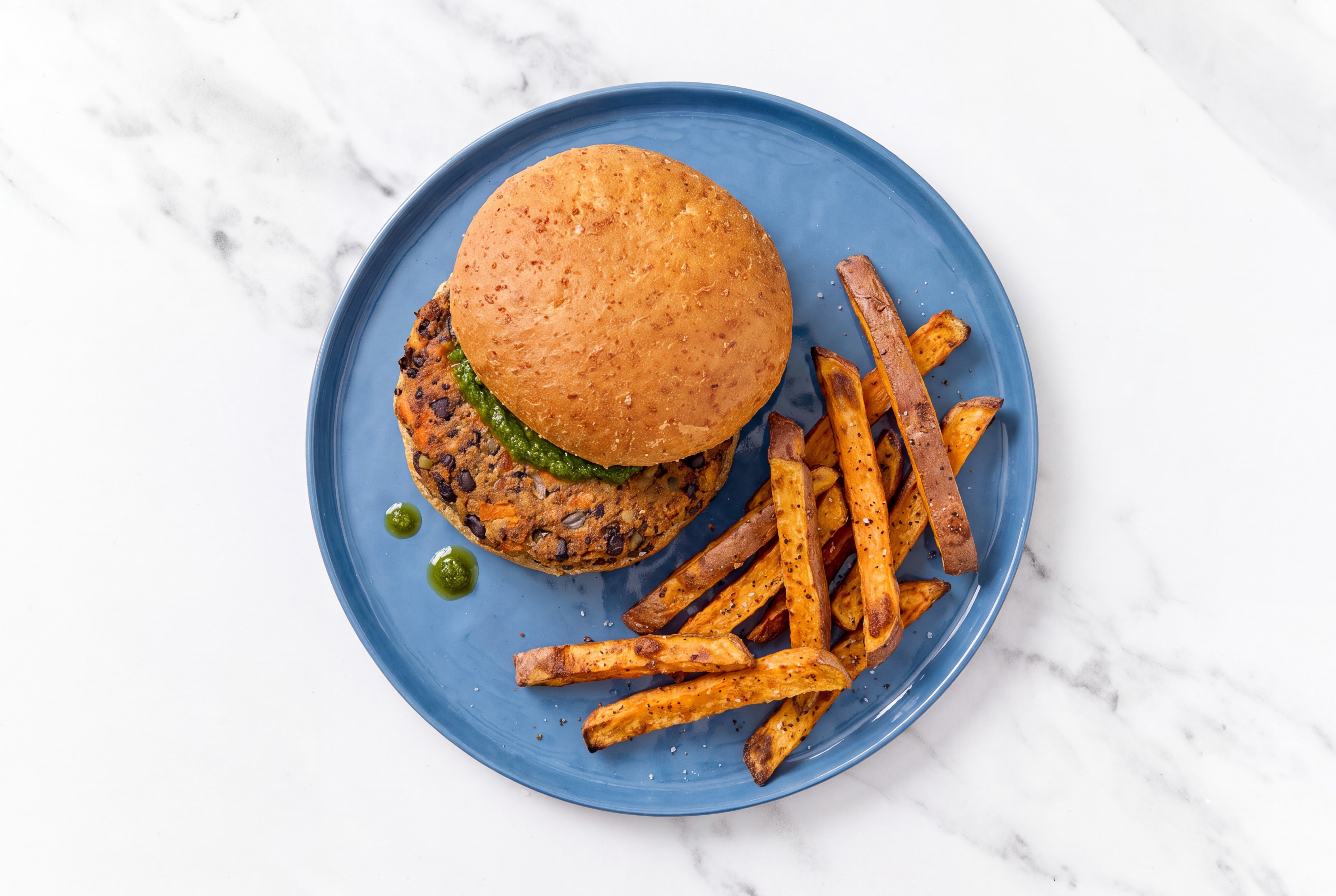 Zhoug Veggie Burger + Sweet Potato Fries