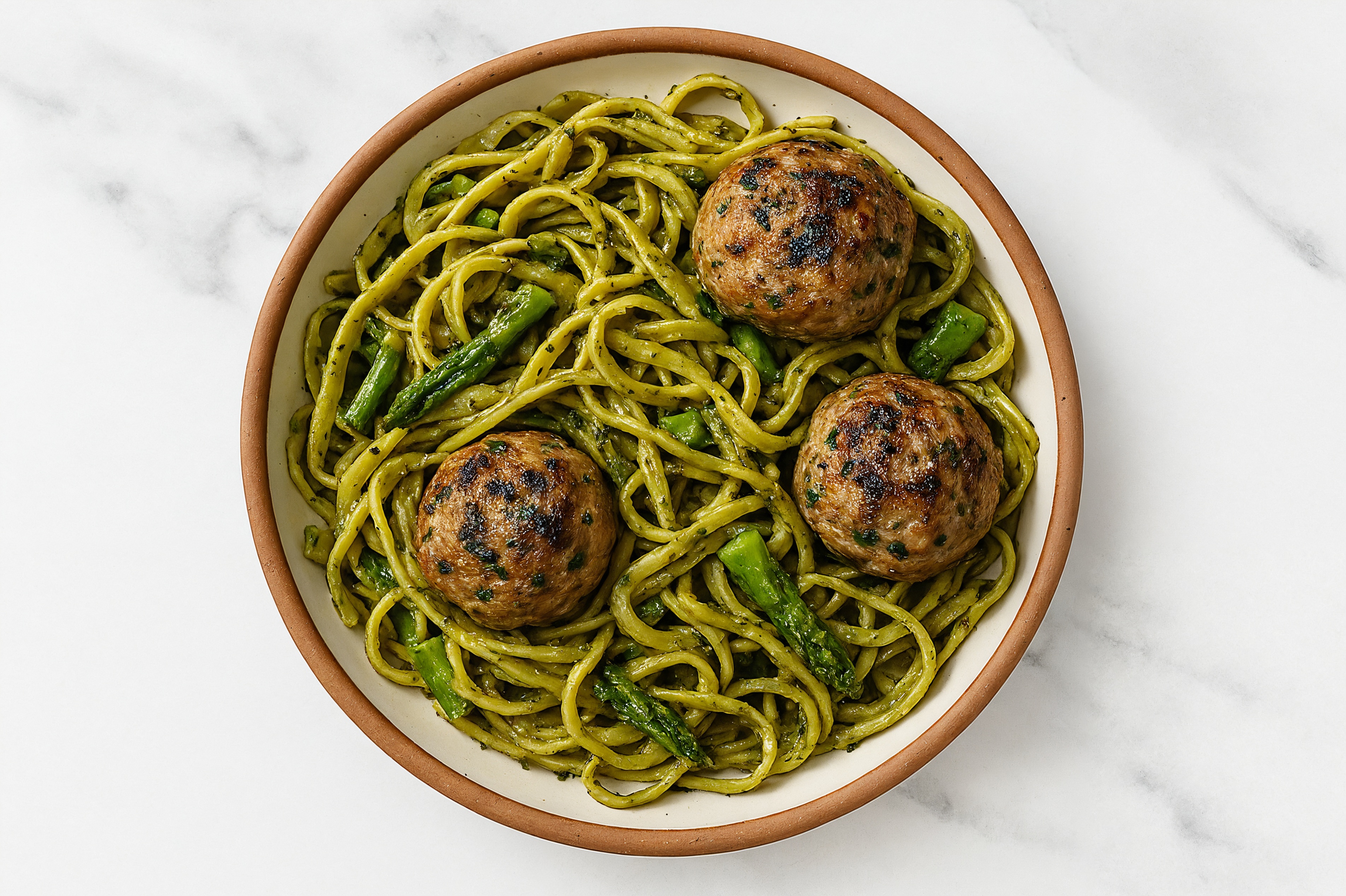 Pesto, Asparagus + Turkey Meatball Linguine