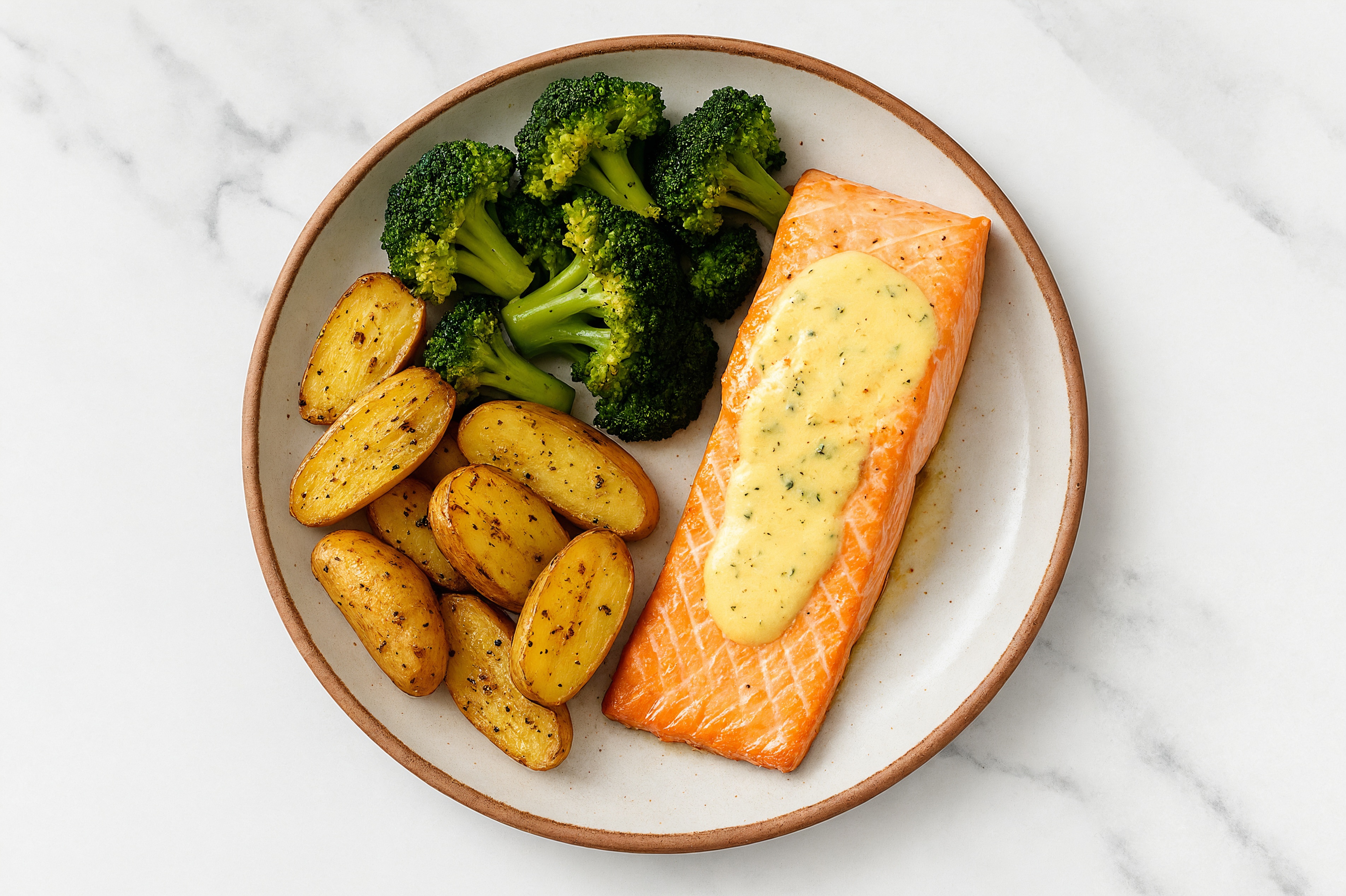 Baked Tahini Marinated Salmon + Roasted Veggies with Broccoli Florets