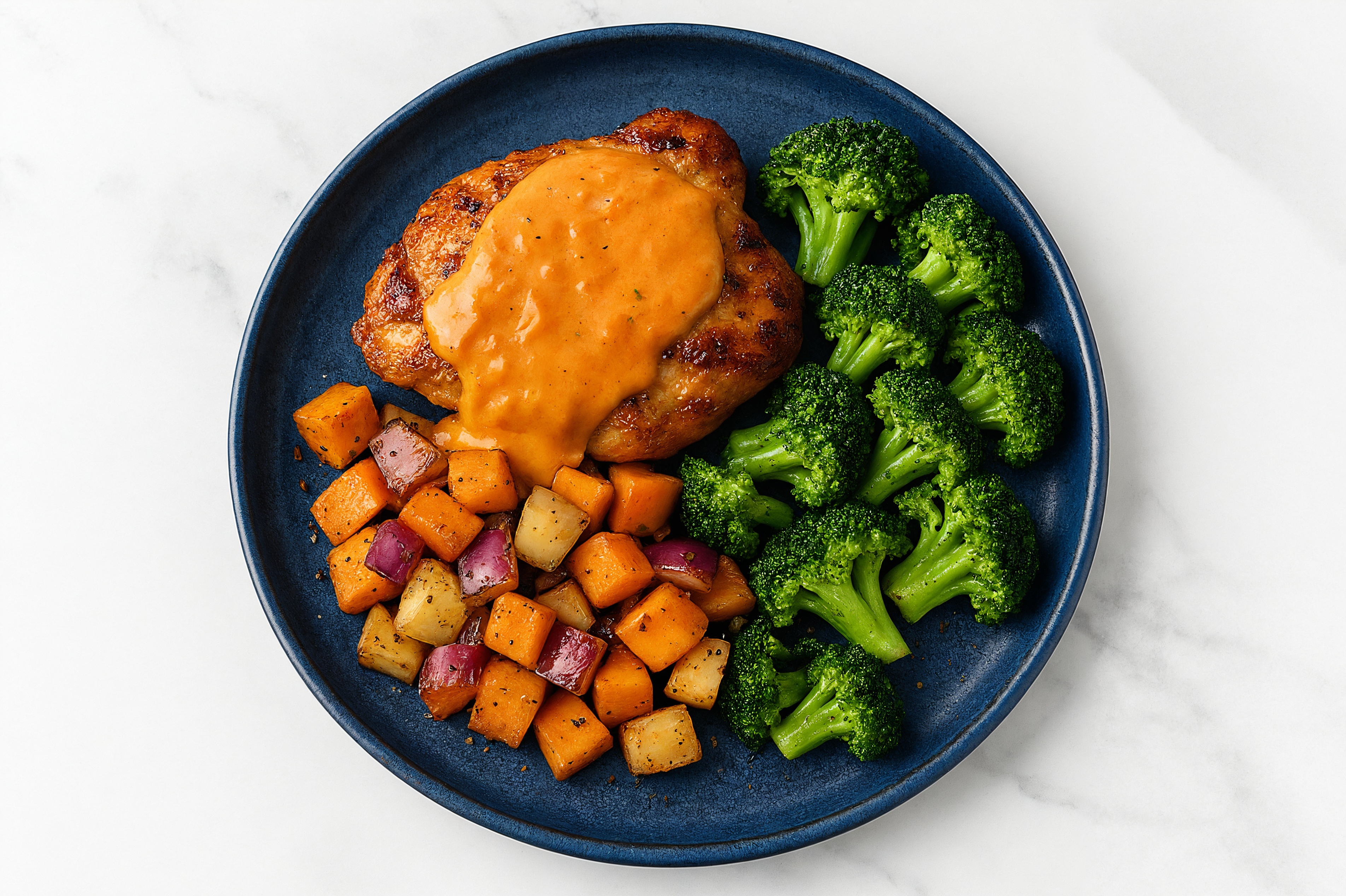 Creamy Vodka Smothered Chicken Thighs with Broccoli & Roasted Vegetables
